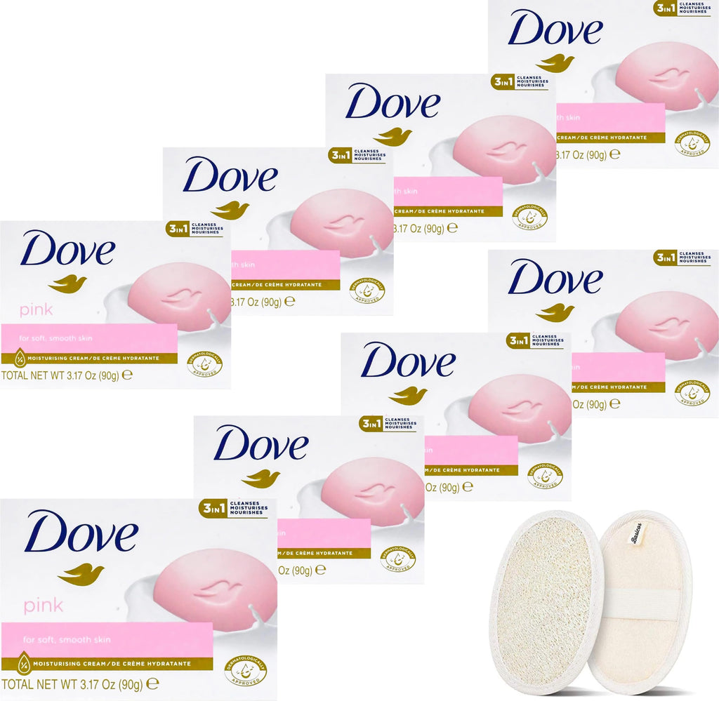 SAVON EN PAIN Dove BASICS pour les mains et le corps, doux pour la peau, paquet de 8 pains de 90 g chacun. Plus 1 éponge de loofah (rose).