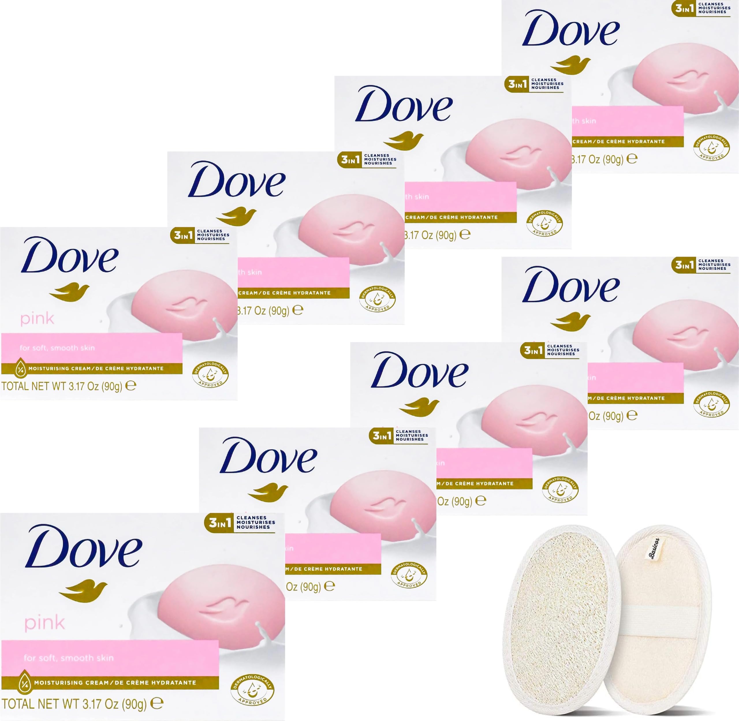 SAVON EN PAIN Dove BASICS pour les mains et le corps, doux pour la peau, paquet de 8 pains de 90 g chacun. Plus 1 éponge de loofah (rose).