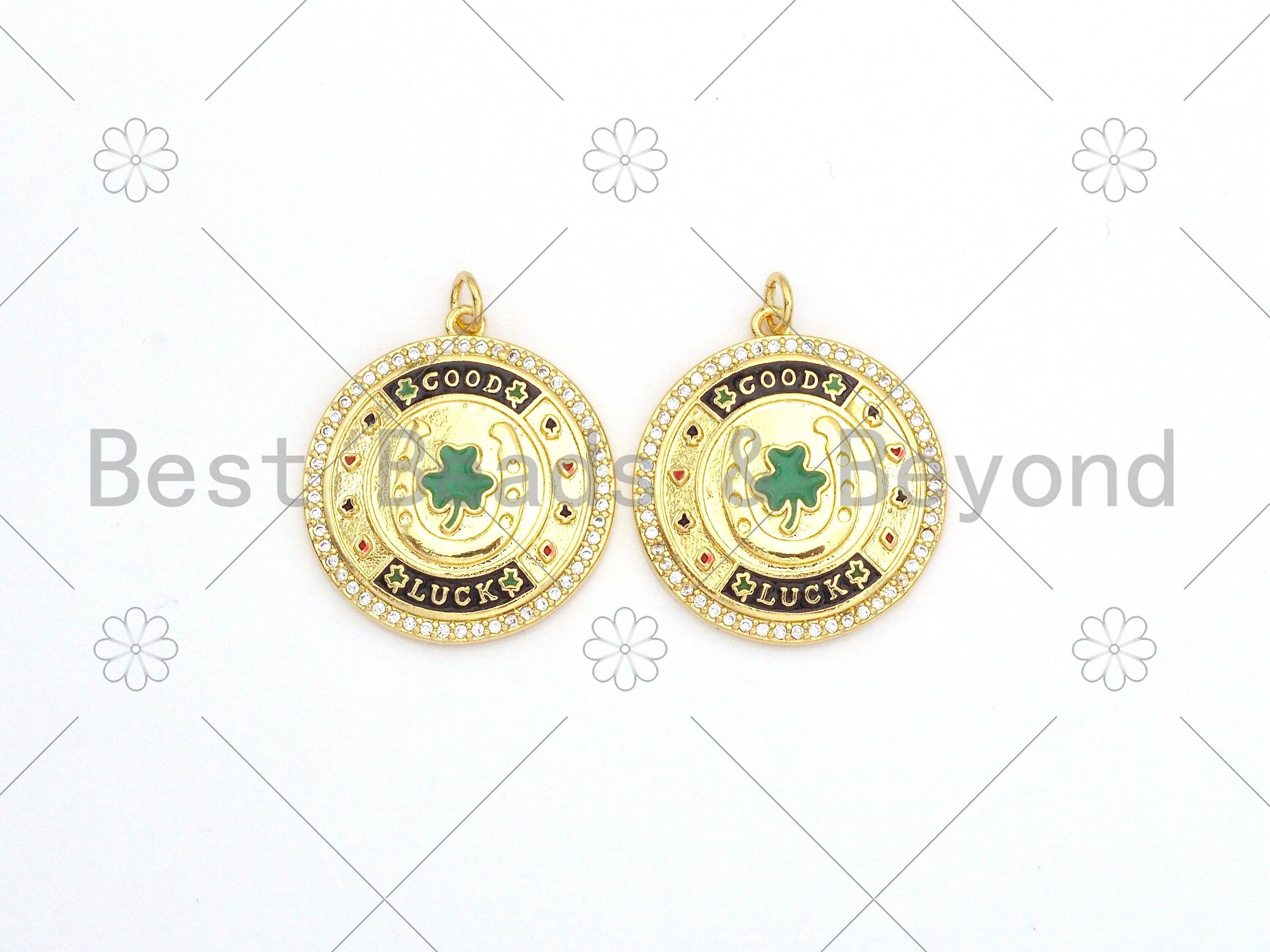 CZ Micro Pave Green Enamel Leaf  On Round Medallion Shape Pendant,18K Gold Filled Good Luck Charm, Necklace Bracelet Charm,25x28mm,Sku#LK380