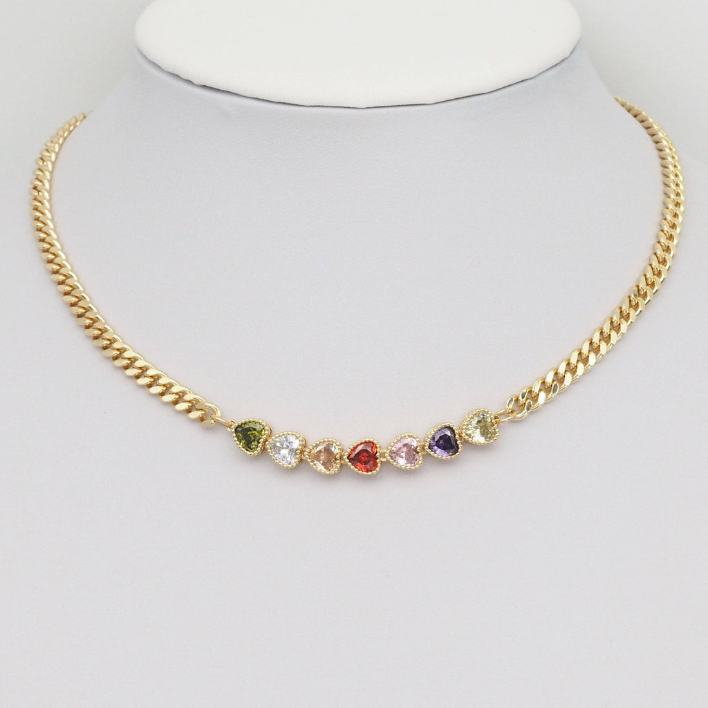 Cuban Link Chain Colorful CZ Heart Necklace, Sku#EF358