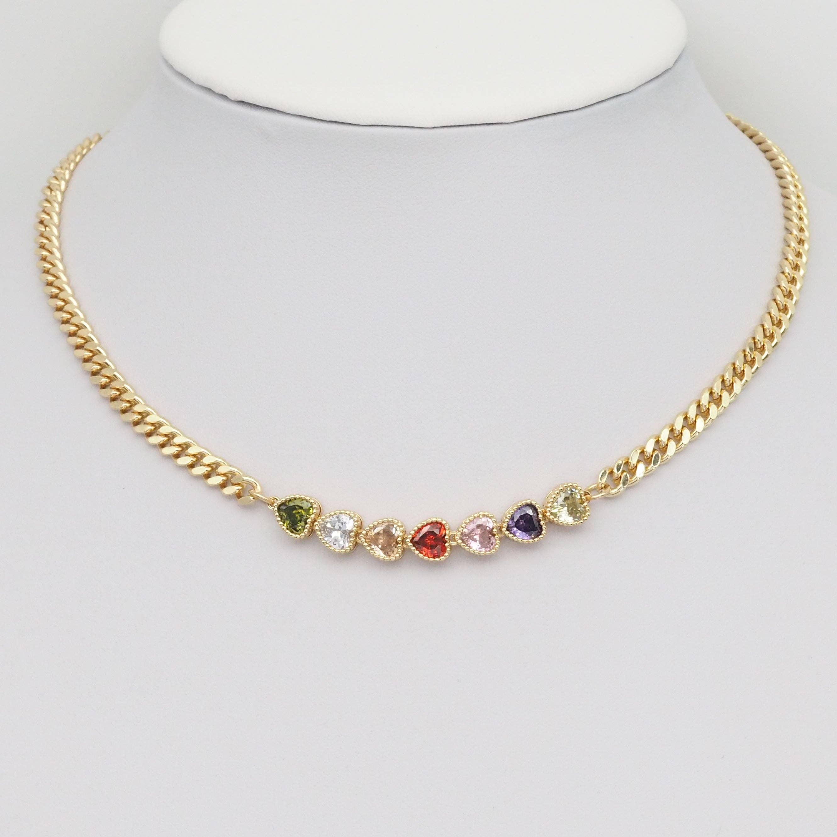 Cuban Link Chain Colorful CZ Heart Necklace, Sku#EF358