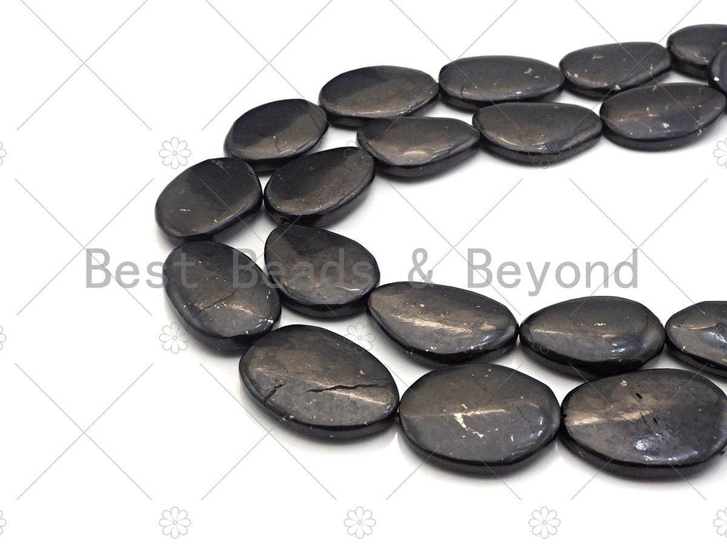 Top Quality Oval Shape Shungite, Smooth Flat Shungite, Healing Energy, Genuine Shungite Beads 30x40mm, 15.5" Full Strand, Sku#U986