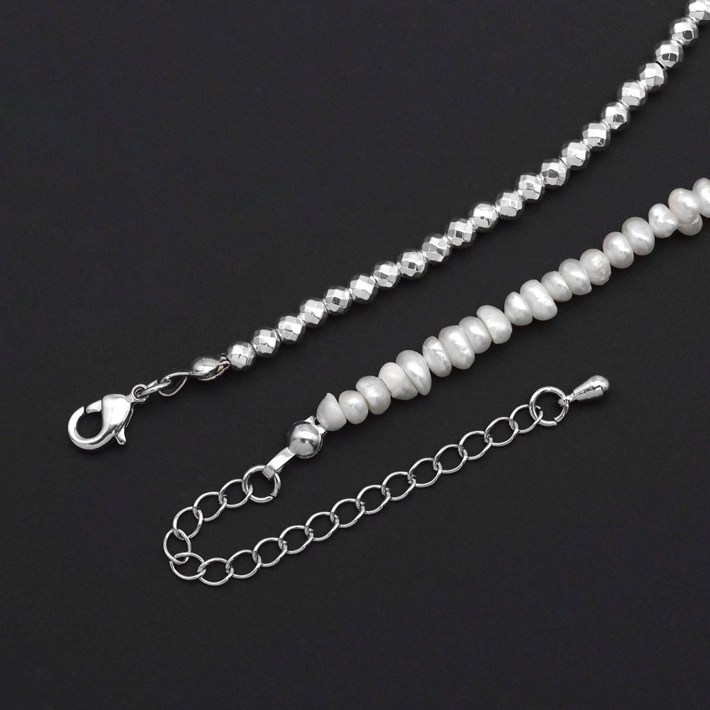 Fresh Water Pearl with Silver Hematite ball Chain Necklace, Sku#EF508