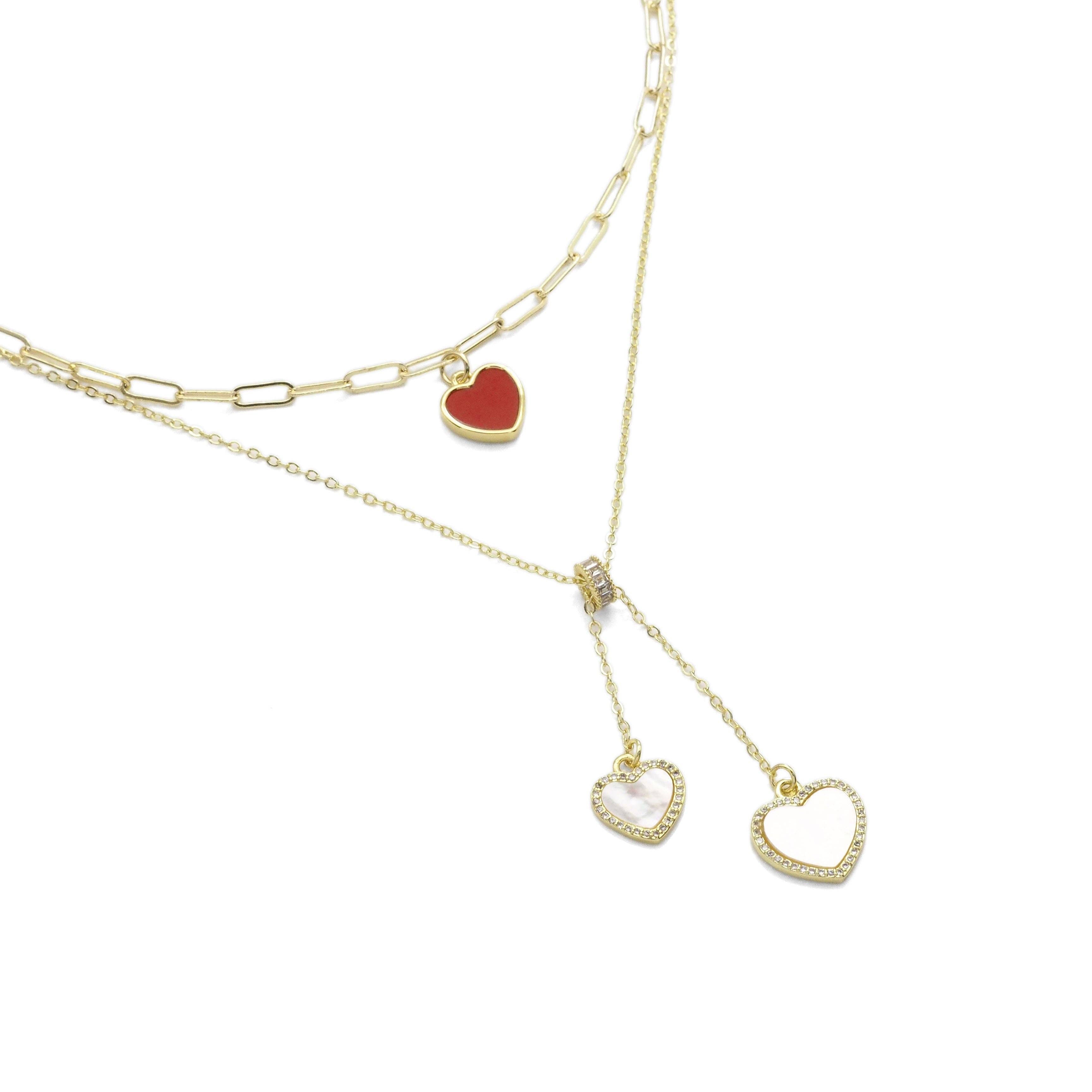 Gold Chain Red Heart White Mop Heart Pendant Necklace, Sku#E