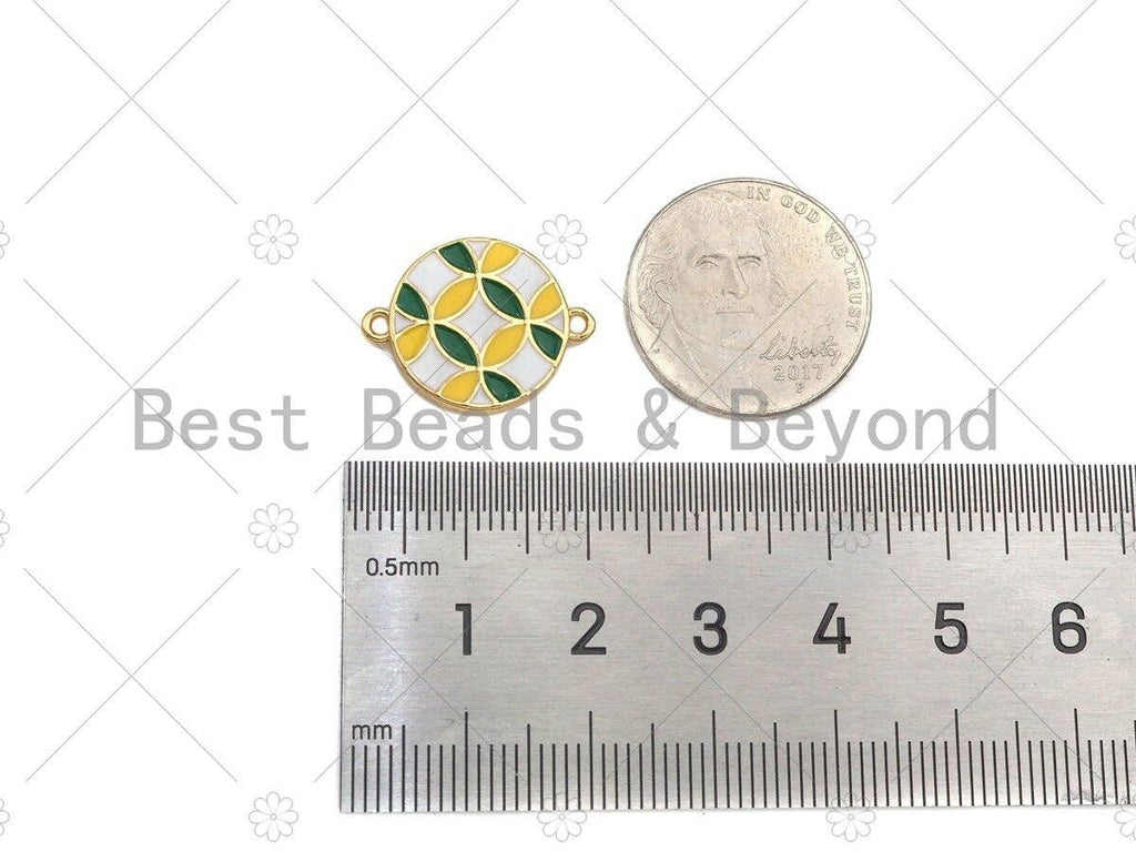 Enamel White Green Yellow Flower Pattern On Round Coin Connector,Colorful Enamel Gold Connector,Enamel Jewelry,20x15mm,Sku#Y421