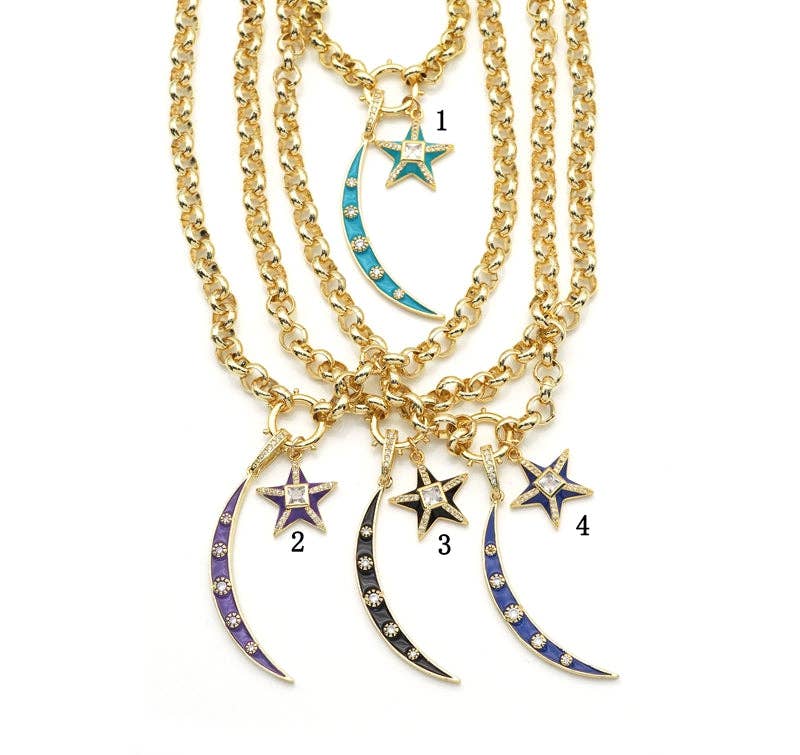 Rolo Star Cresent Moon Chain Necklace, Sku#EF217