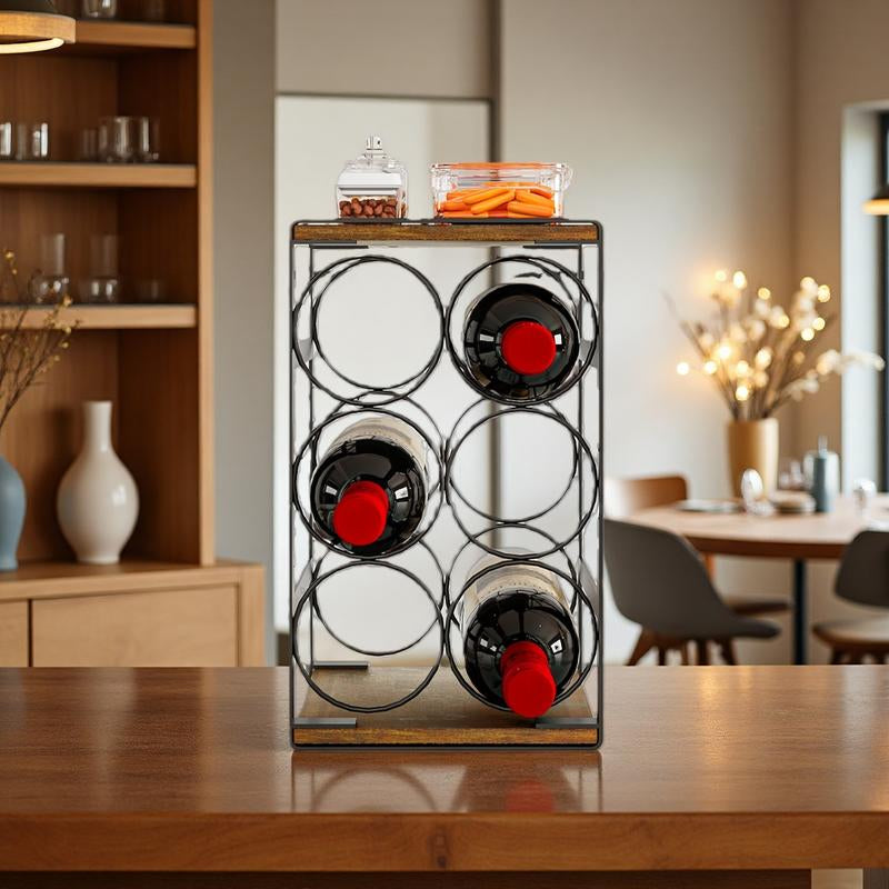 SUOERNUO Wood Countertop Wine Rack No Assembly Needed 6-Bottle Capacity Black & Rustic Brown Metal & Wood Construction Rust-Resistant Powder Coating Freestanding Storage Solution