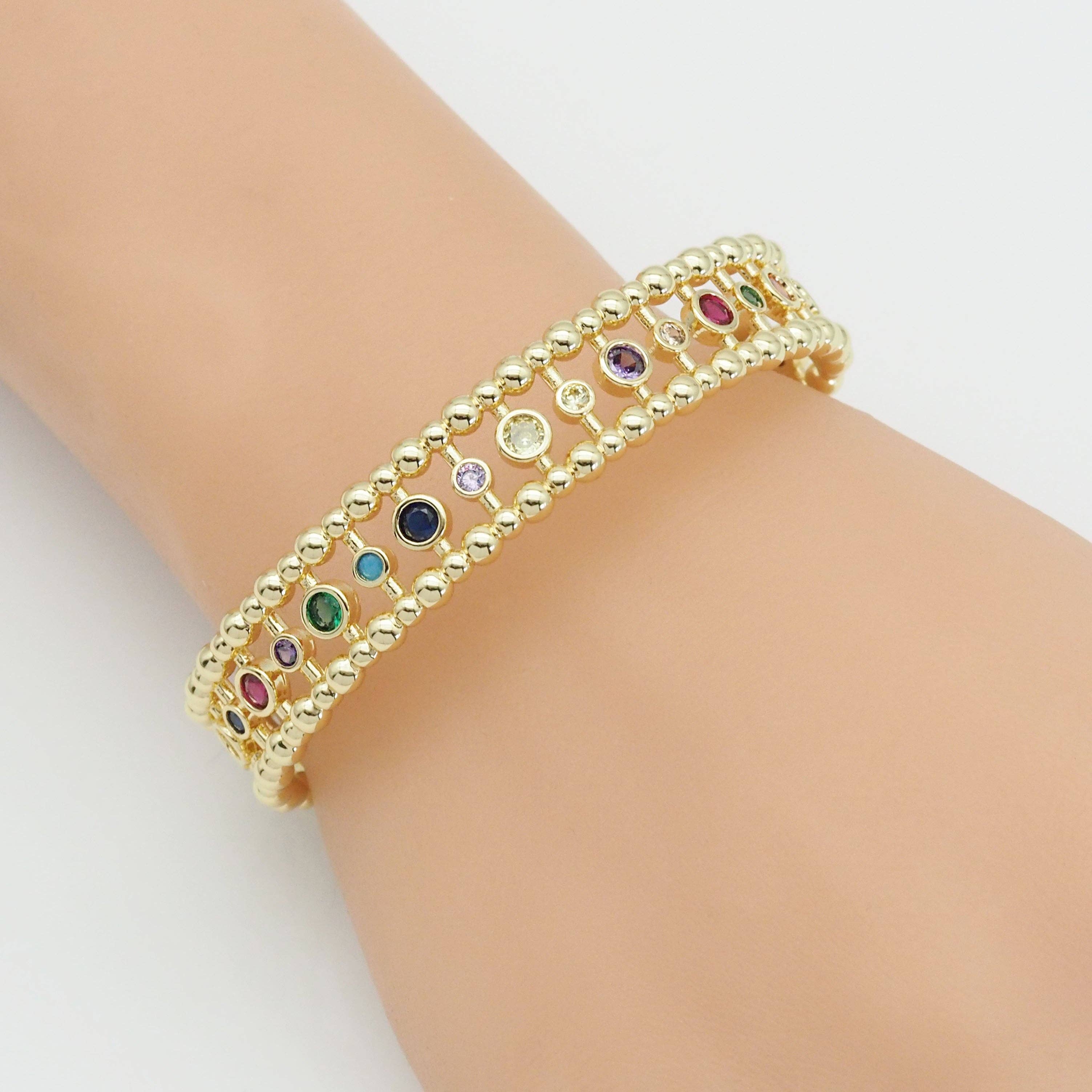 Gold Colorful Round CZ Adjustable Bracelet, Sku#Y830