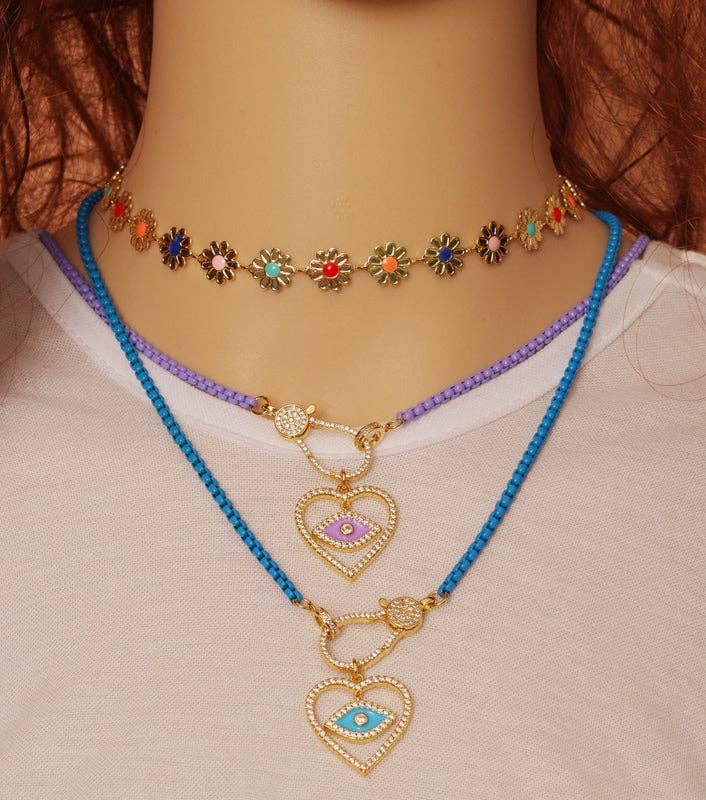 Colorful Enamel CZ Evil Eye Heart Chain Necklace, Sku#EF207