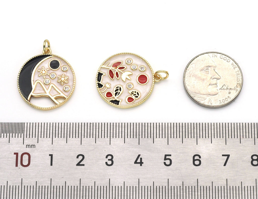 CZ Gold Enamel Flower bee Mountain Round Coin Charm, Sku#LX149