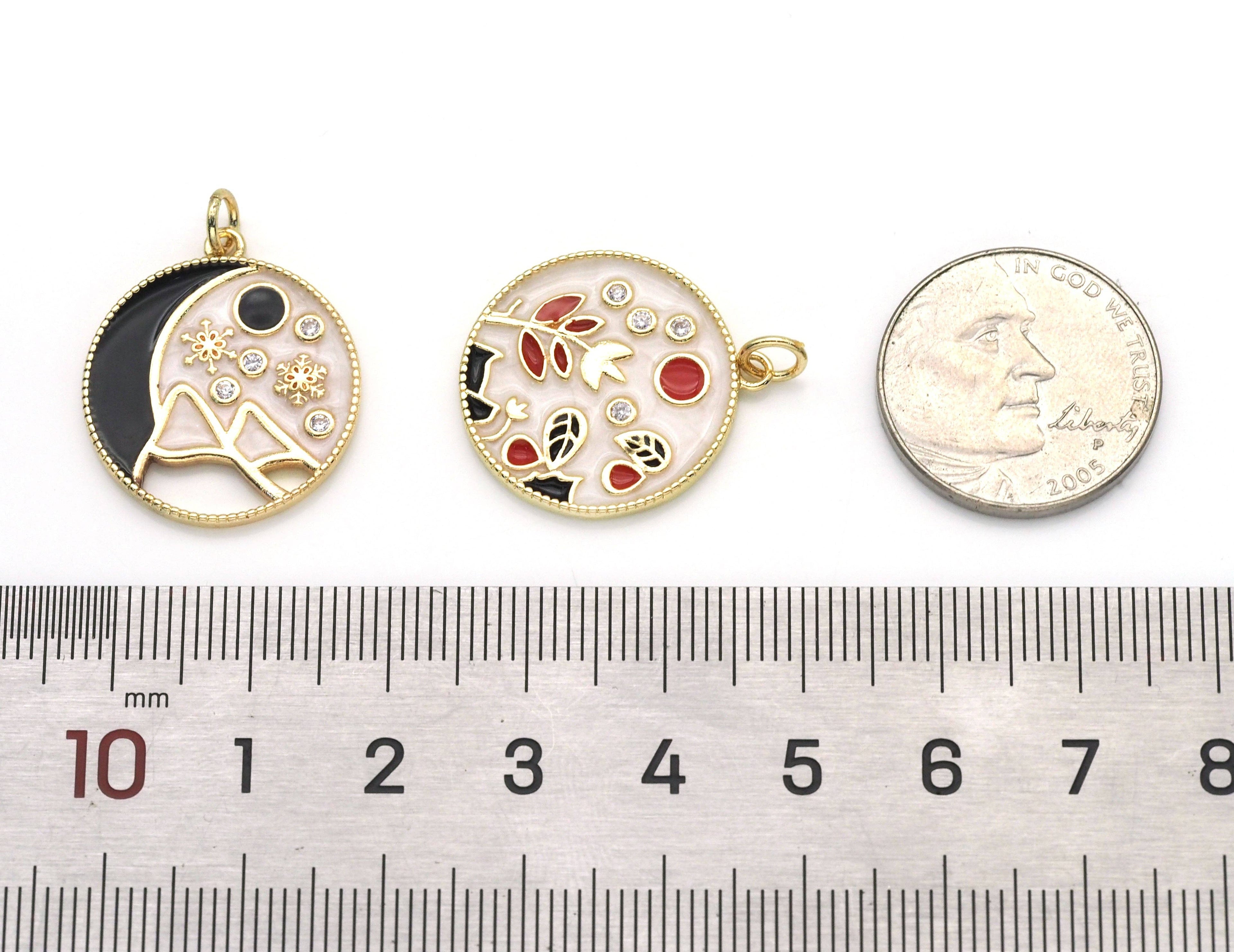 CZ Gold Enamel Flower bee Mountain Round Coin Charm, Sku#LX149