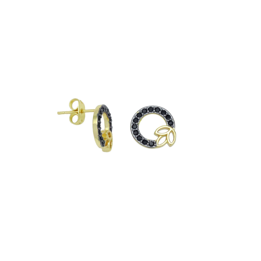 Black CZ Gold Leaf Circle Stud Earrings, Sku#LK1000