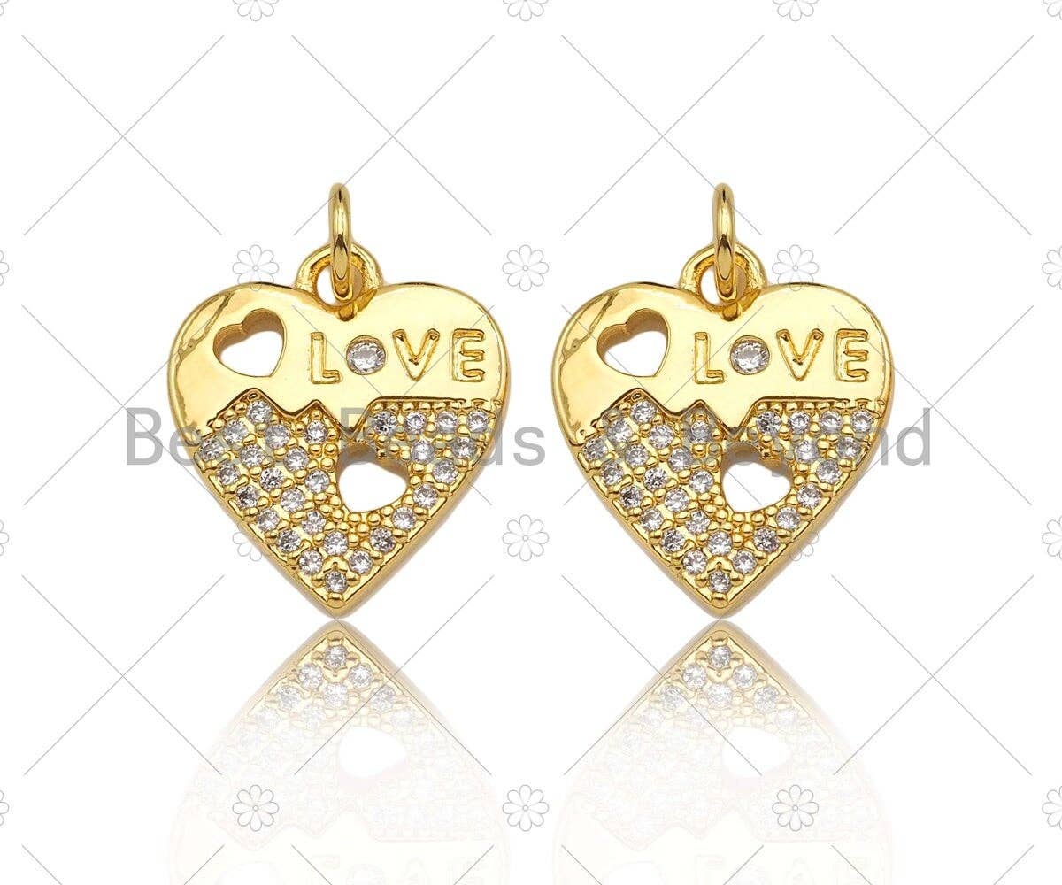 CZ Micro Pave Love Word with Hollow Out Heart On Heart Pendant,18K Gold Charm, Necklace Bracelet Charm Pendant,14x16mm,Sku#LK307