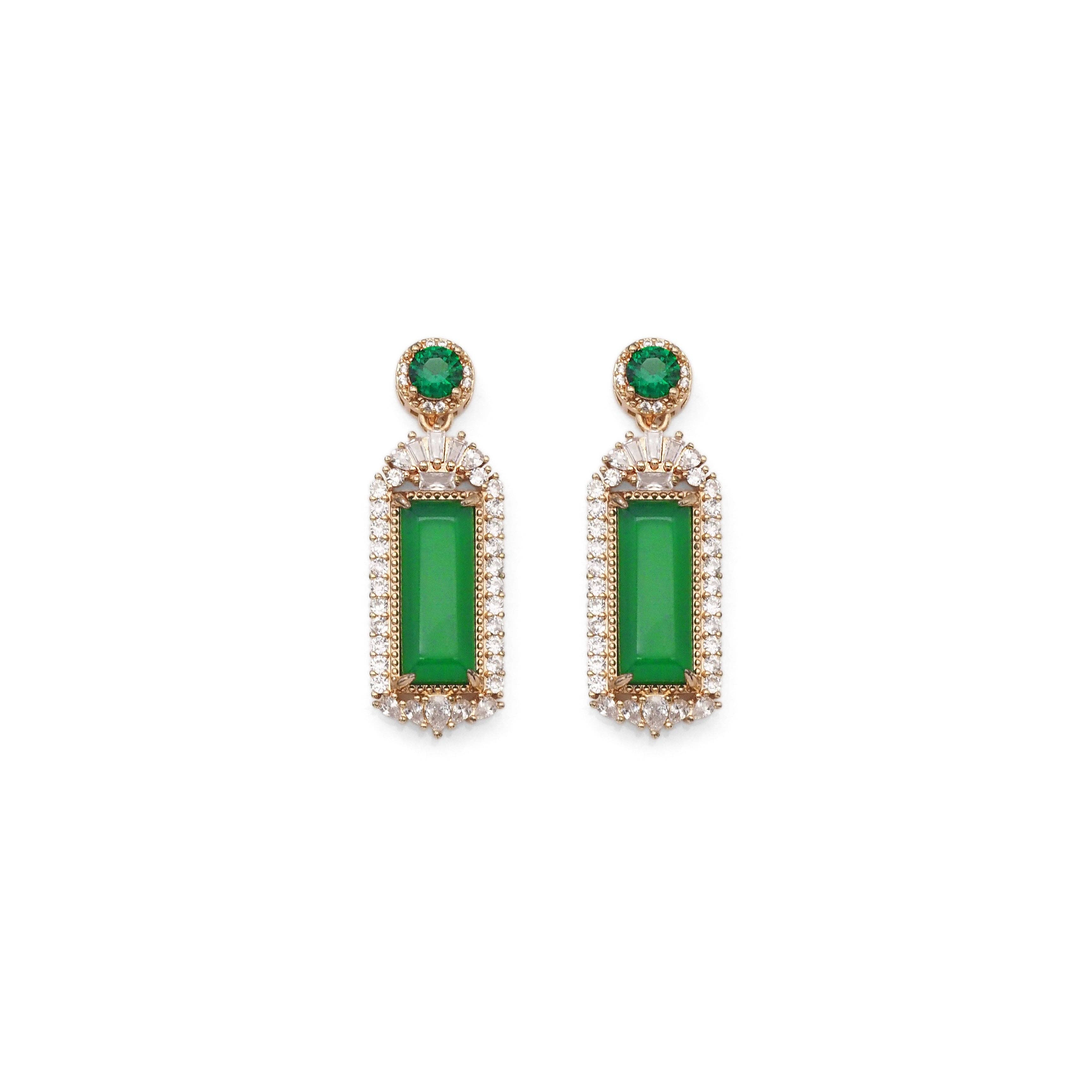 Gold CZ Green Jade Rectangle Bar Charm, Sku#LX347