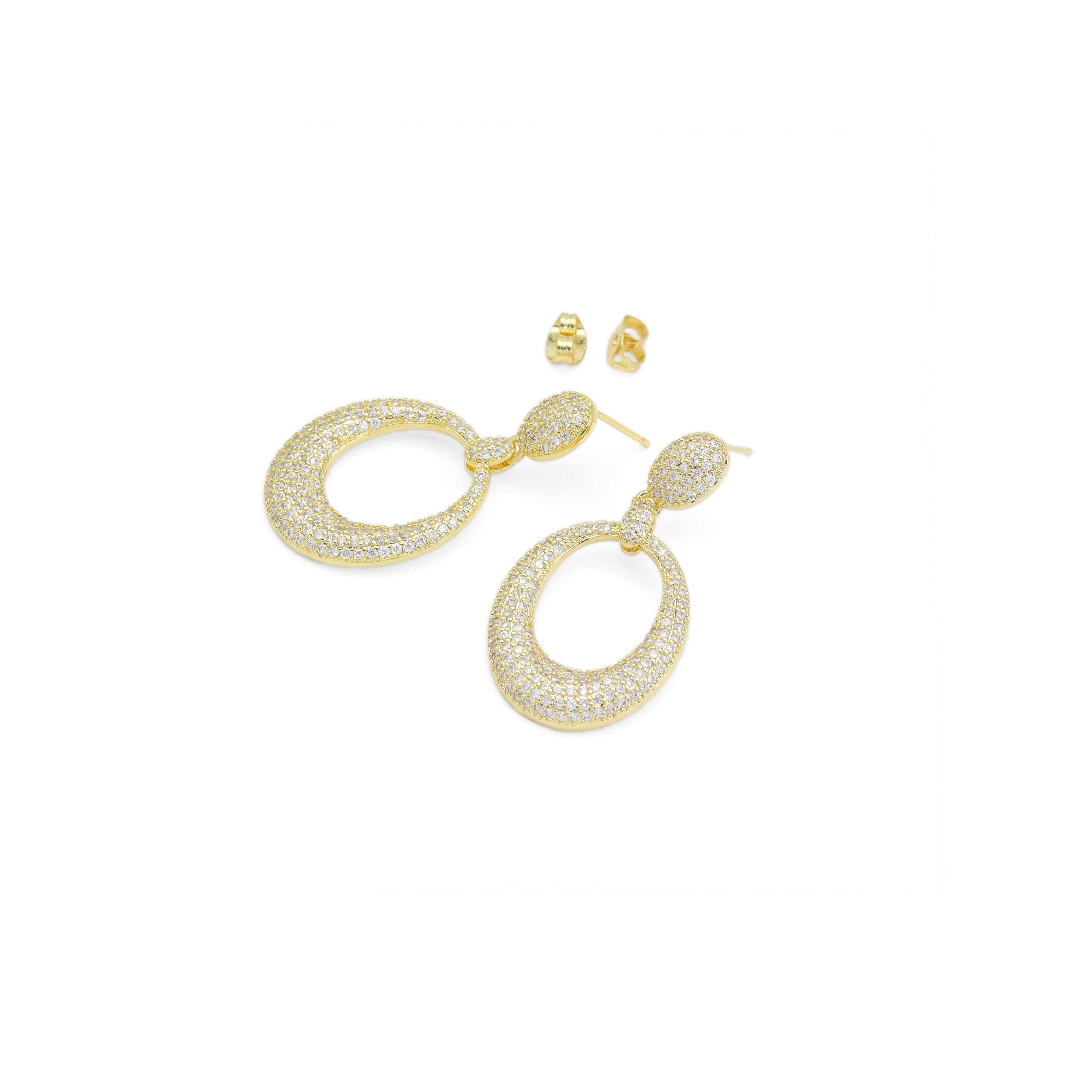 Fully CZ Pave Gold Oval go-go Dangle Earrings, Sku#LD520