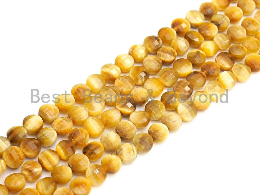 High Quality Gold Tiger Eye Checkerboard Cut Coin Shape beads, 6mm/8mm/10mm Turtle Shell Cut Tiger Eye Beads, 16" Full strand, Sku#U692