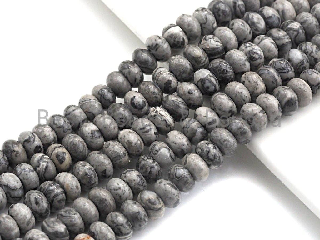 2mm Large Hole Natural Map Jasper Beads, Rondelle Smooth 6x10mm/5x8mm, 8" Long Strands, sku#U702