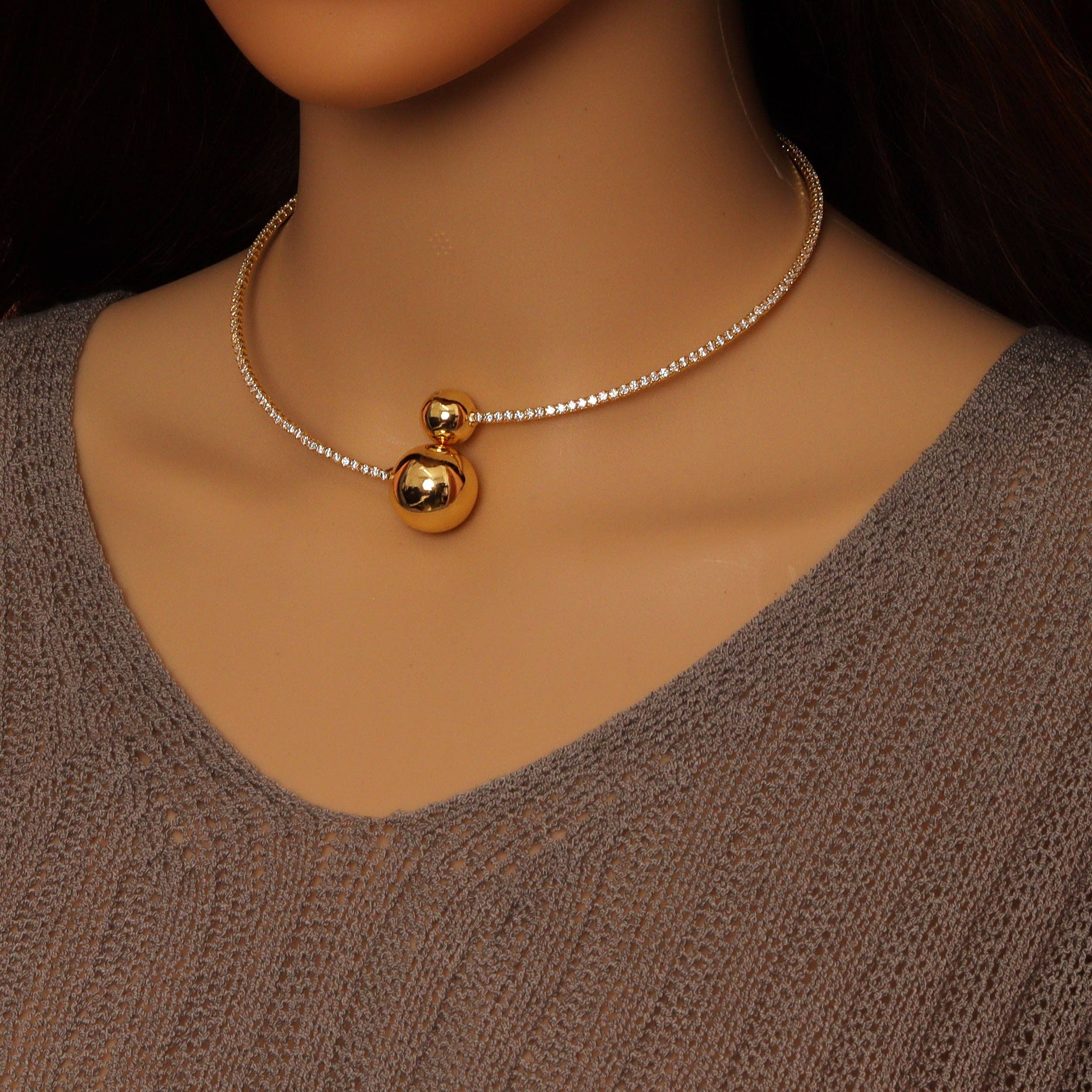 Gold CZ Tennis Chain Round Ball End Adjustable Necklace, Sku#A453