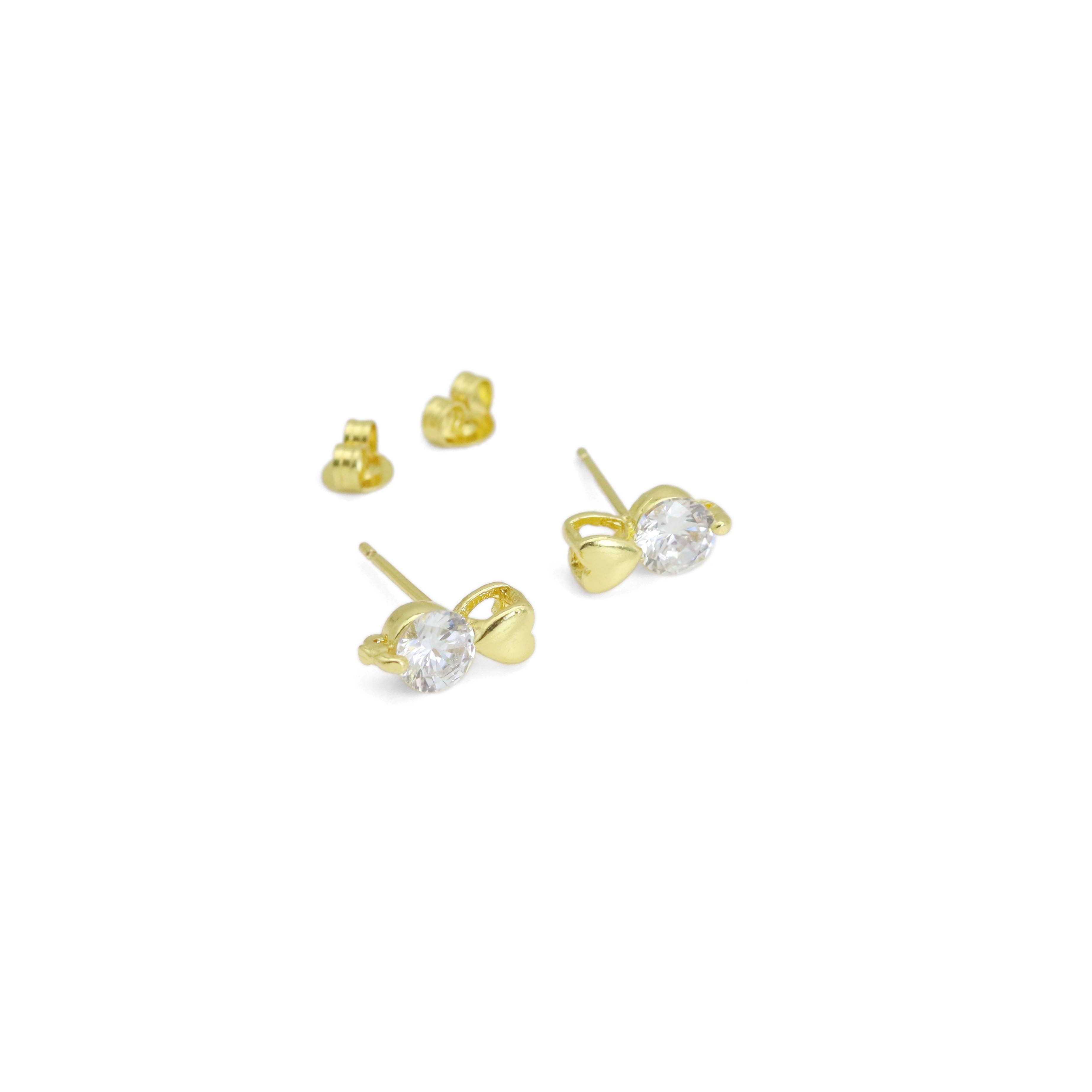 Clear CZ Heart Dot Gold Silver Stud Earrings, Sku#A206