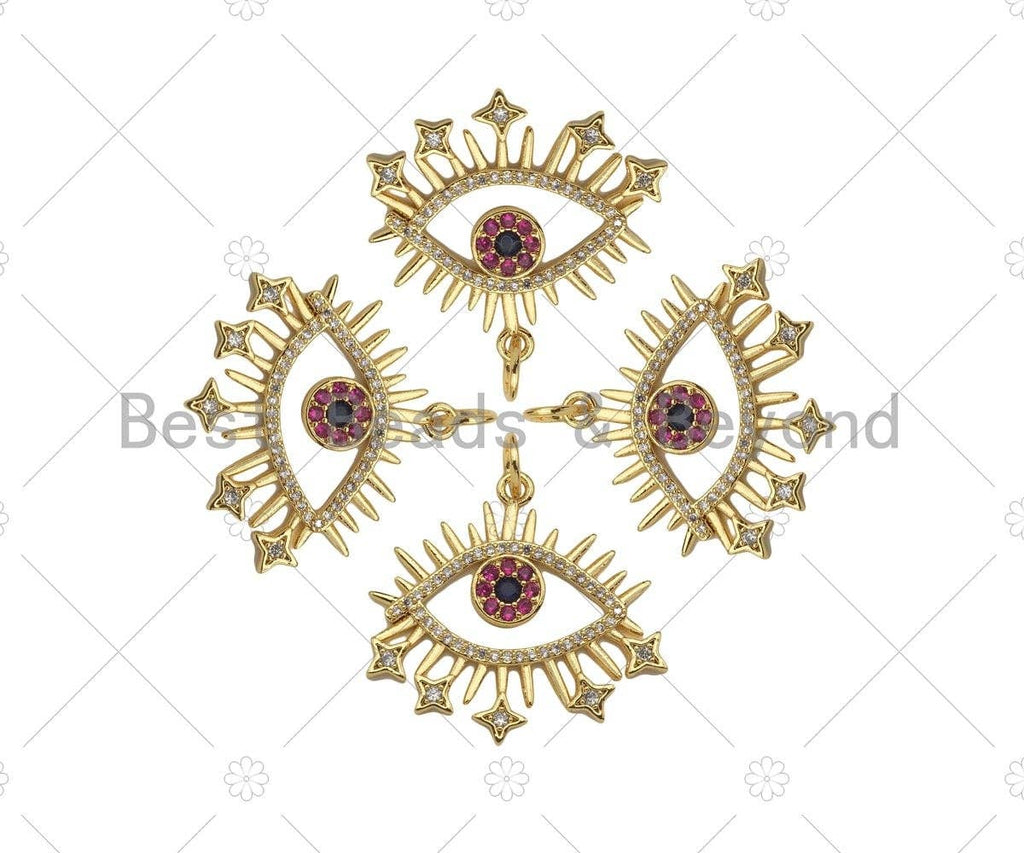 Fuchsia CZ Micro Pave Evil Eye With North Star Shape Pendant/Charm,18K Gold Charm, Necklace Bracelet Charm Pendant,28x26mm,Sku#Z1319