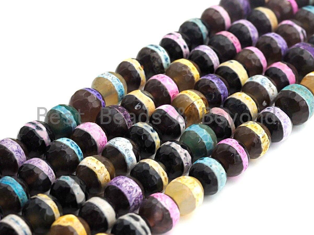 Dzi Agate faceted round beads with Rainbow line, 8mm/10mm/12mm/14mm, mixed color Tibetan beads, agate beads wholesale -15inch, sku#U628