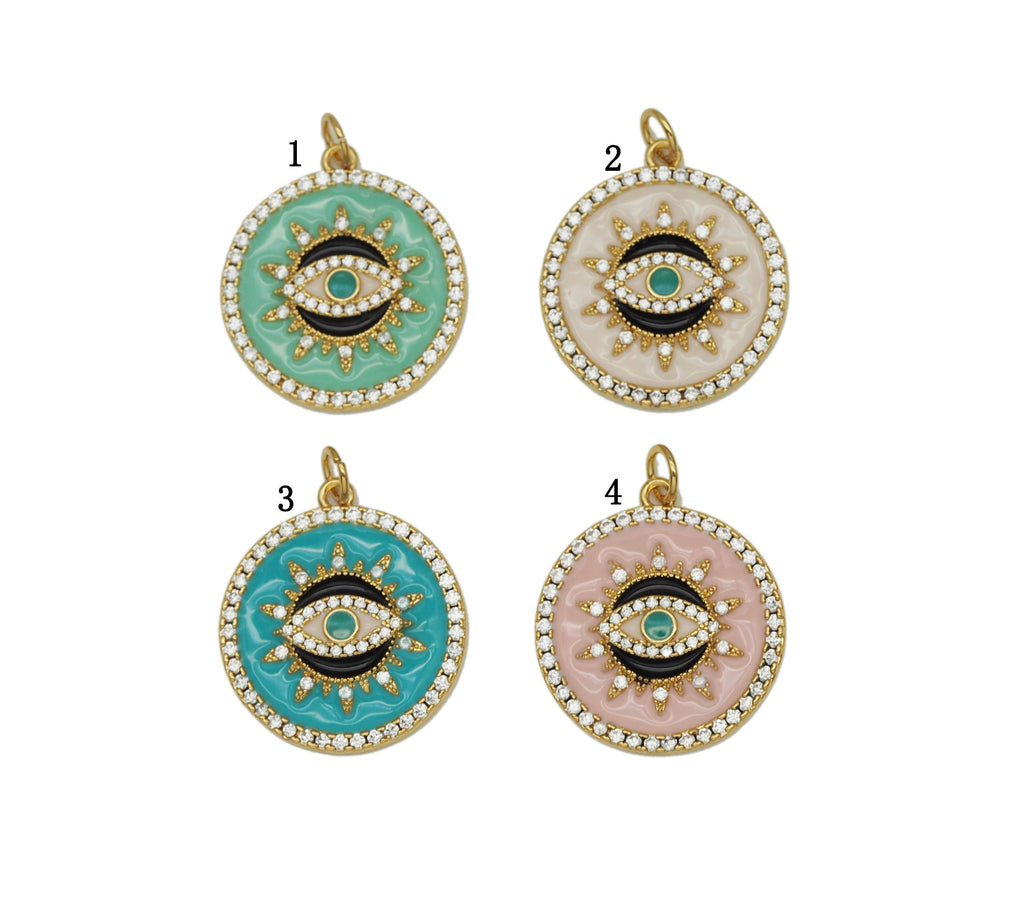 Colorful CZ Enamel Evil Eye On Round Coin Pendant, Sku#Y649