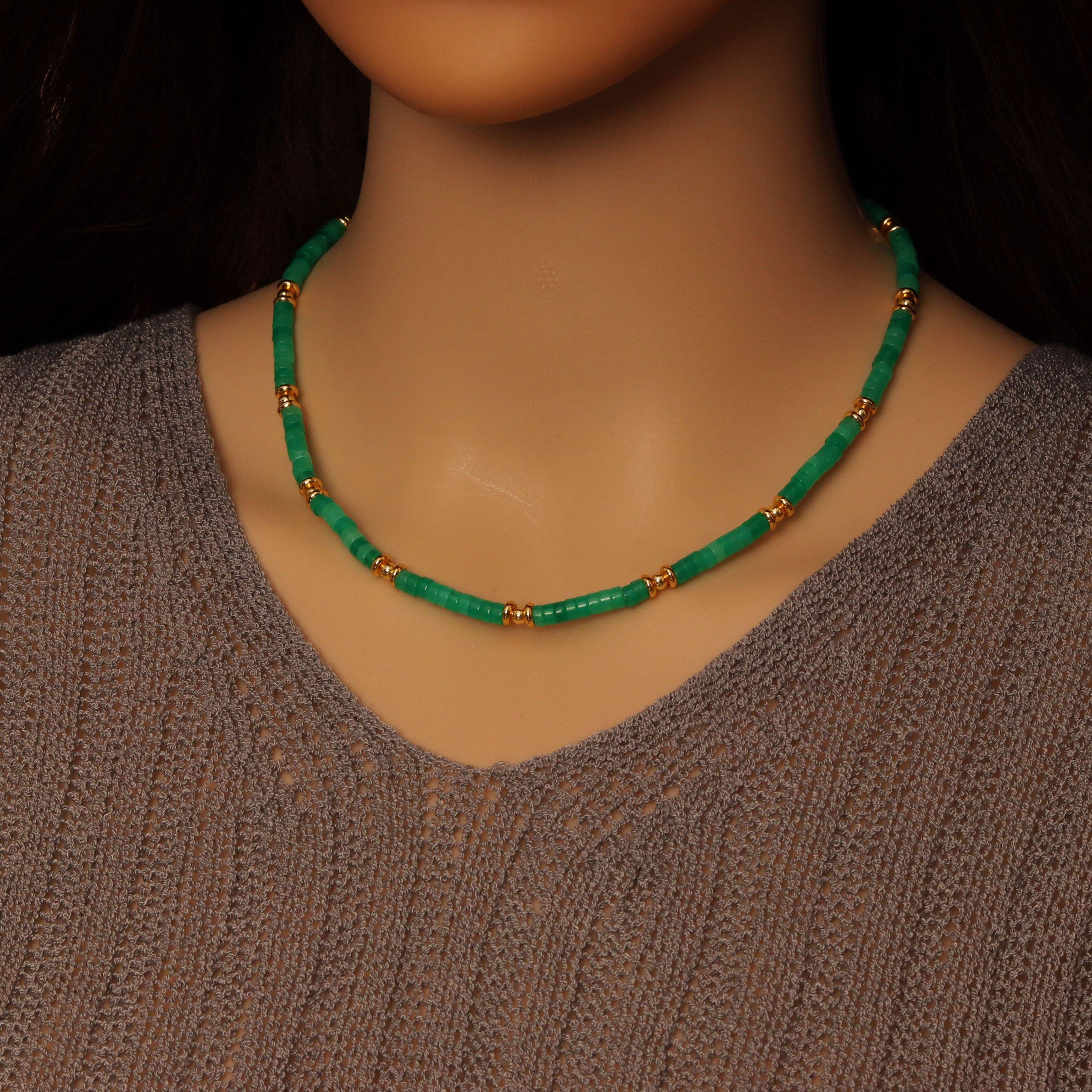 4mm Green Jade Gold Spacer Necklace, sku#EF541