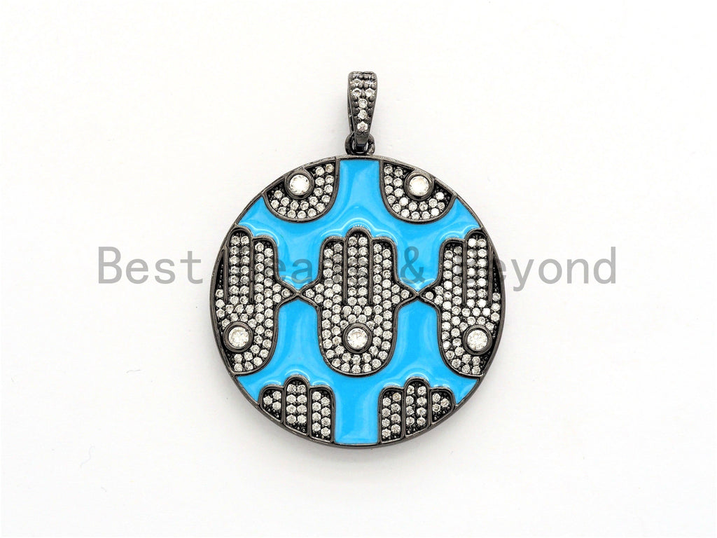LARGE Enamel Colorful Round With Hamsa Hand Pendant,CZ Micro Pave Oil Drop Round pendant,Enamel pendant,Enamel Jewelry,34x38mm,sku#F592