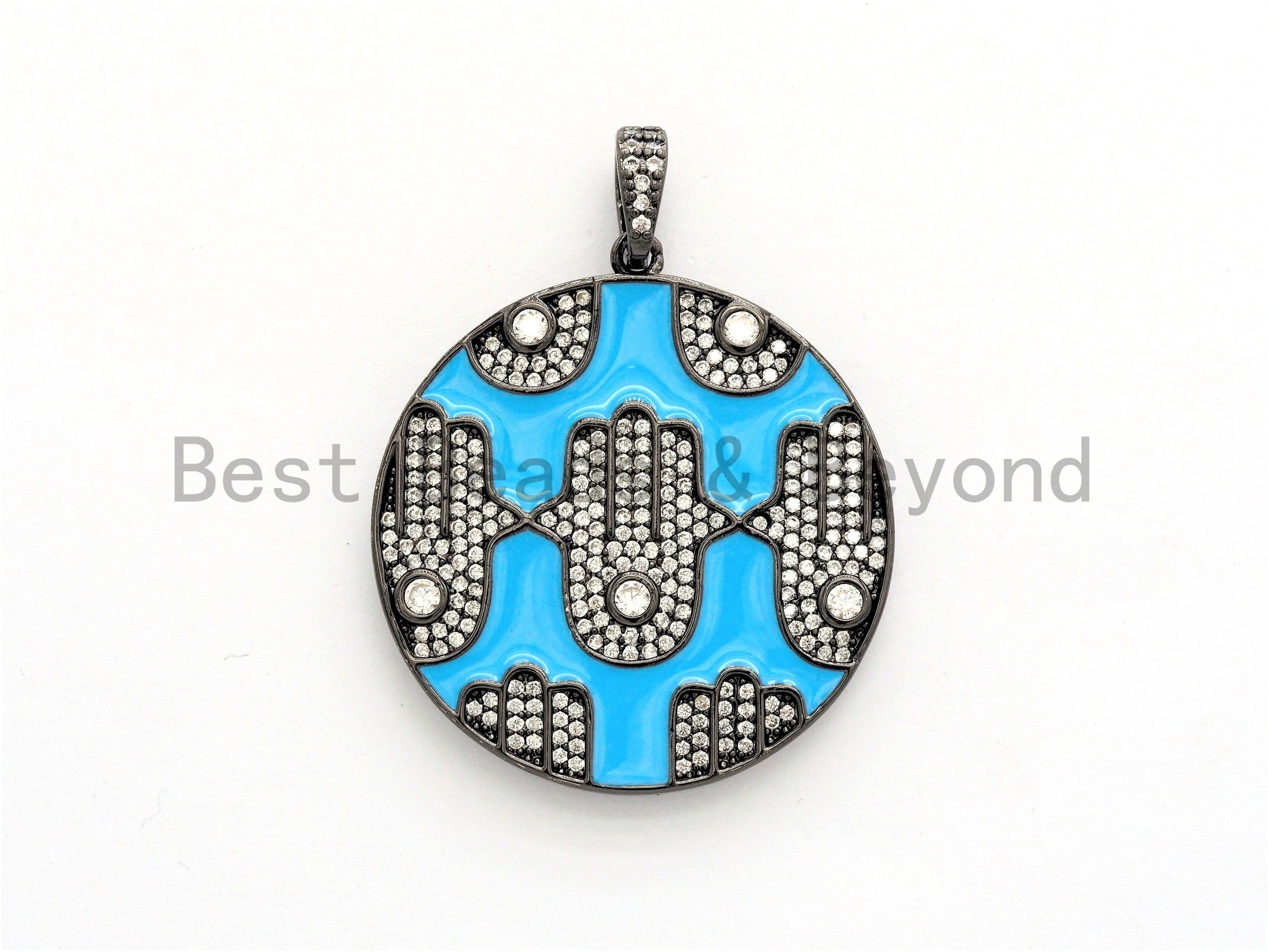 LARGE Enamel Colorful Round With Hamsa Hand Pendant,CZ Micro Pave Oil Drop Round pendant,Enamel pendant,Enamel Jewelry,34x38mm,sku#F592