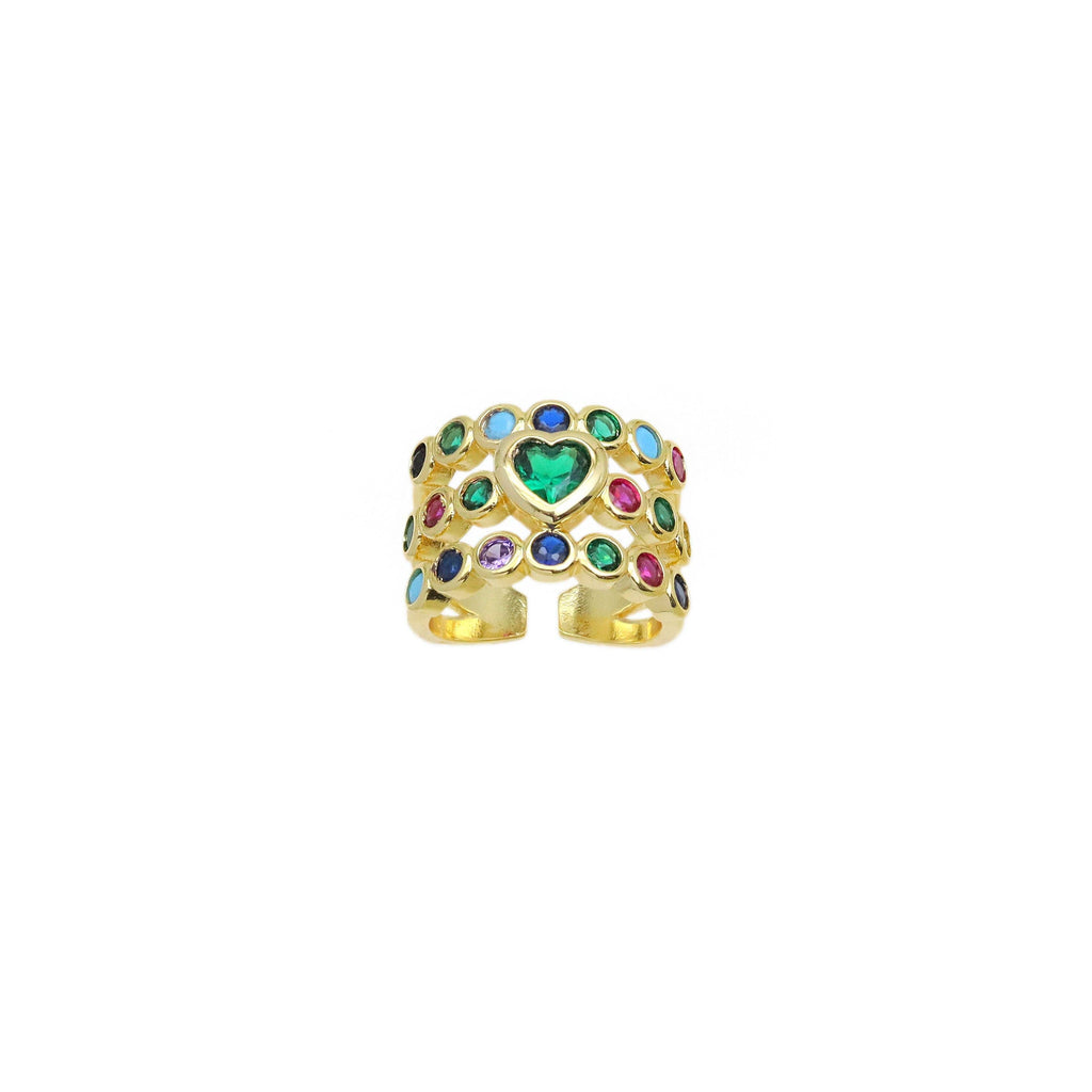 Colorful CZ Green Heart Multiline Gold Adjustable Ring, Sku#Z1480