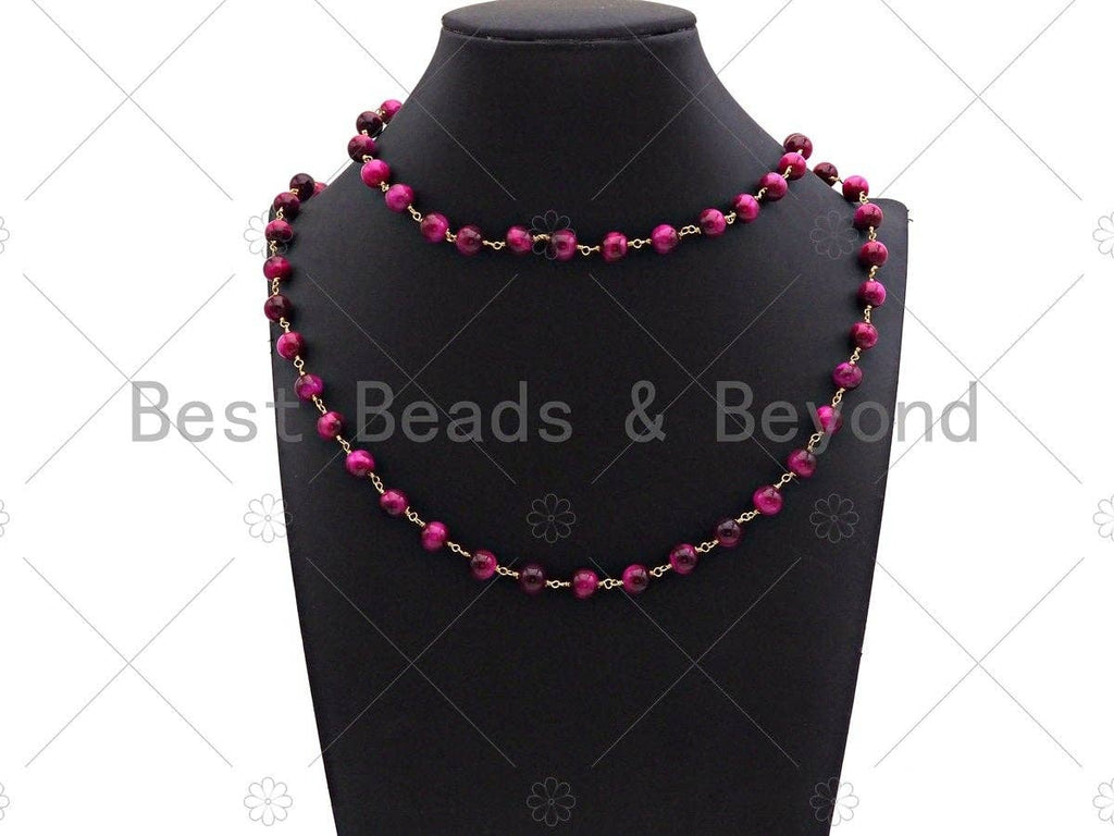 Teal Blue/Fuchsia/Navy Blue High Quality Tiger Eye Rosary Chain, 8mm Beaded Chain, Wire Wrapped Gold Chain,Sku#V81