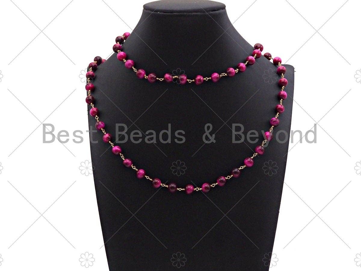 Teal Blue/Fuchsia/Navy Blue High Quality Tiger Eye Rosary Chain, 8mm Beaded Chain, Wire Wrapped Gold Chain,Sku#V81