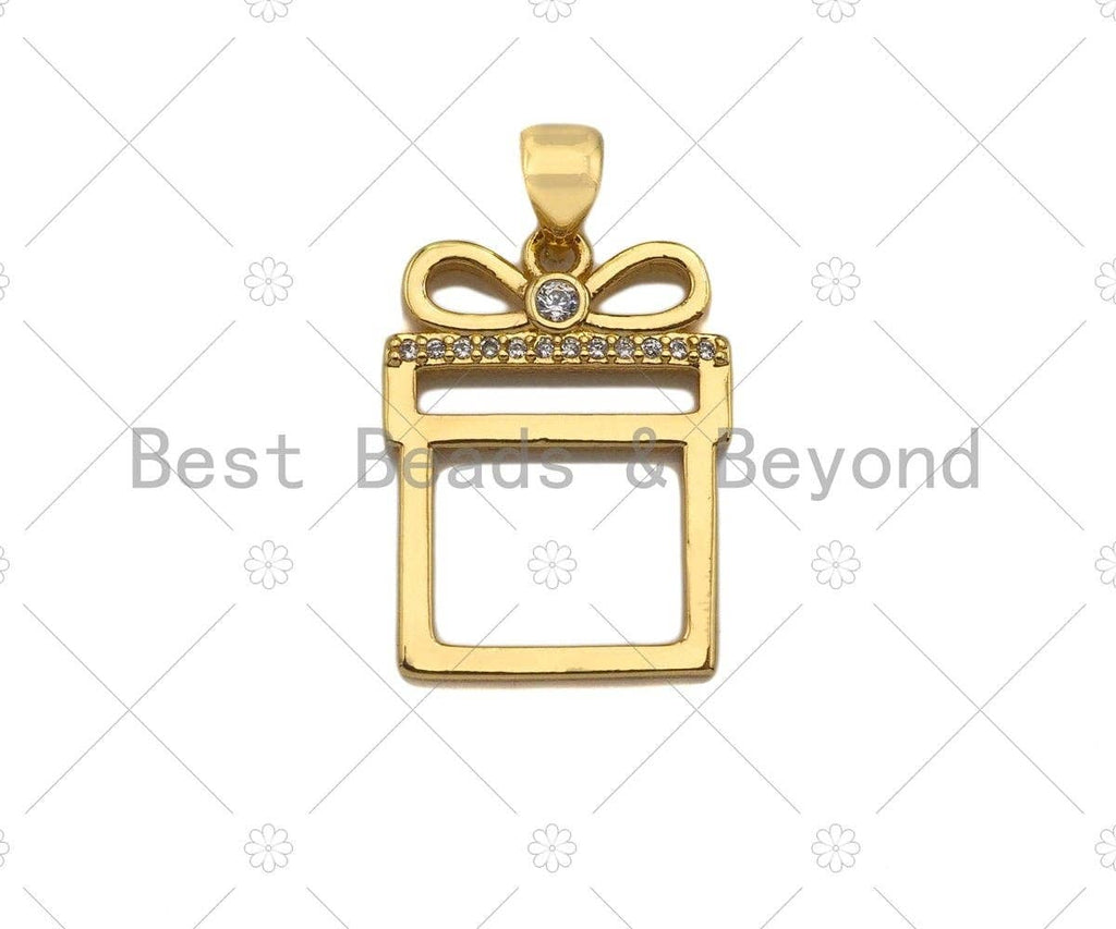 CZ Micro Pave 18k Gold Color Gift Box Shape Pendant, Cubic Zirconia Pendant, Christmas Charm, 20x15mm, Sku#LK206
