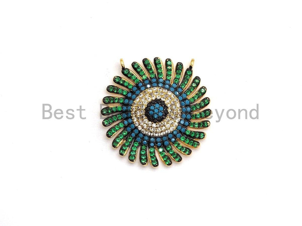 CZ Micro Pave Cobalt/Fuchsia/Green Sunflower Pendant, CZ Pave Focal Pendant, Gumental plated,28mm, sku#F653