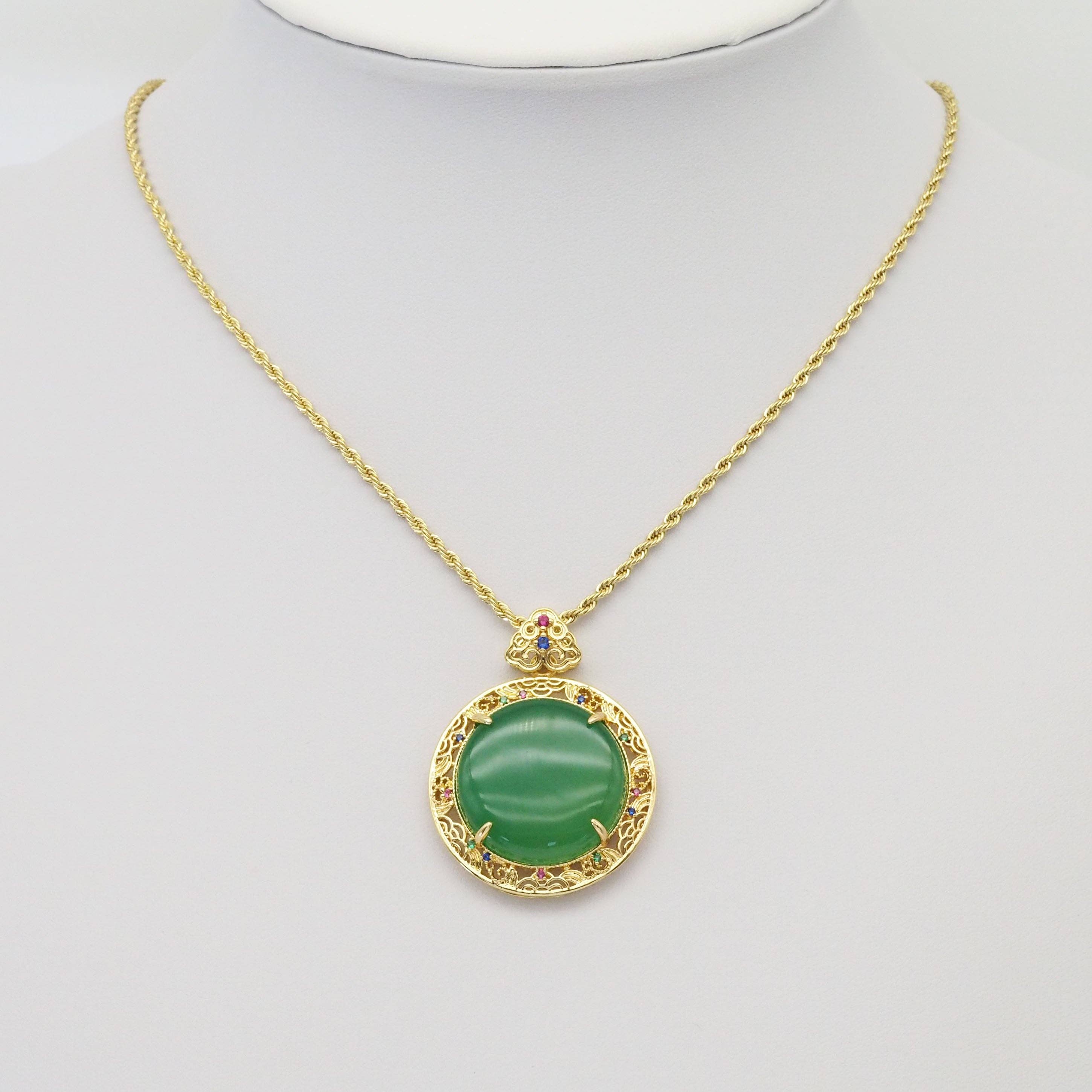 Gold Filled CZ Yellow Green Jade Round Pendant Charm, LX344