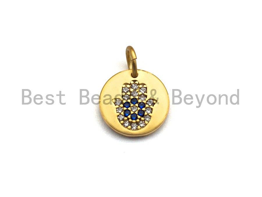 CUTE CZ Micro Pave Round With Hamsa Hand Pendant, Cubic Zirconia Hamsa Hand Charm, Silver/Gold Pendant,10x10mm,sku#Y210