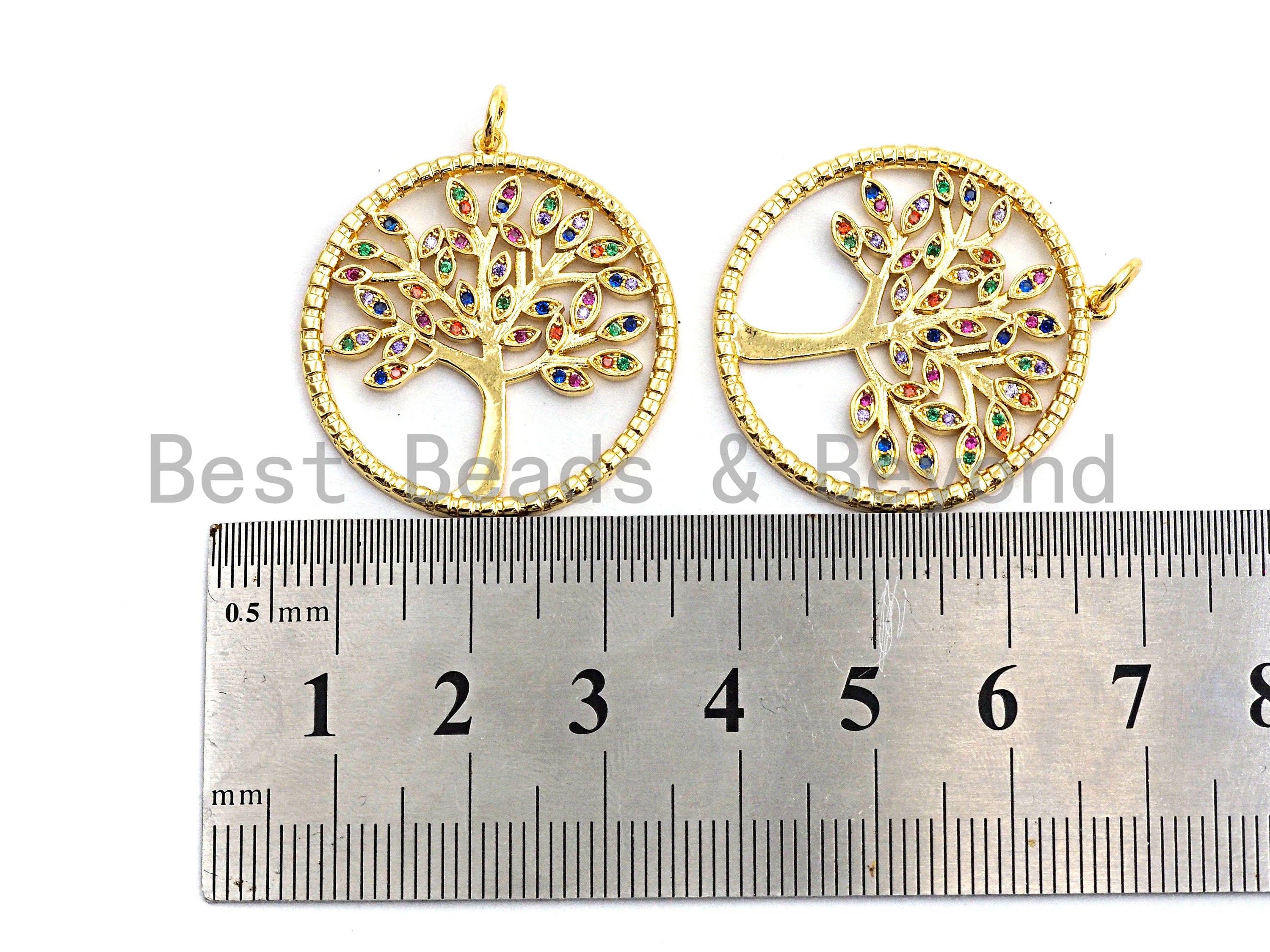 CZ Colorful Micro Pave Round  Gold Tree Pendant, Tree Shaped Pave Pendant, Gold plated, 28x30mm, sku#F819