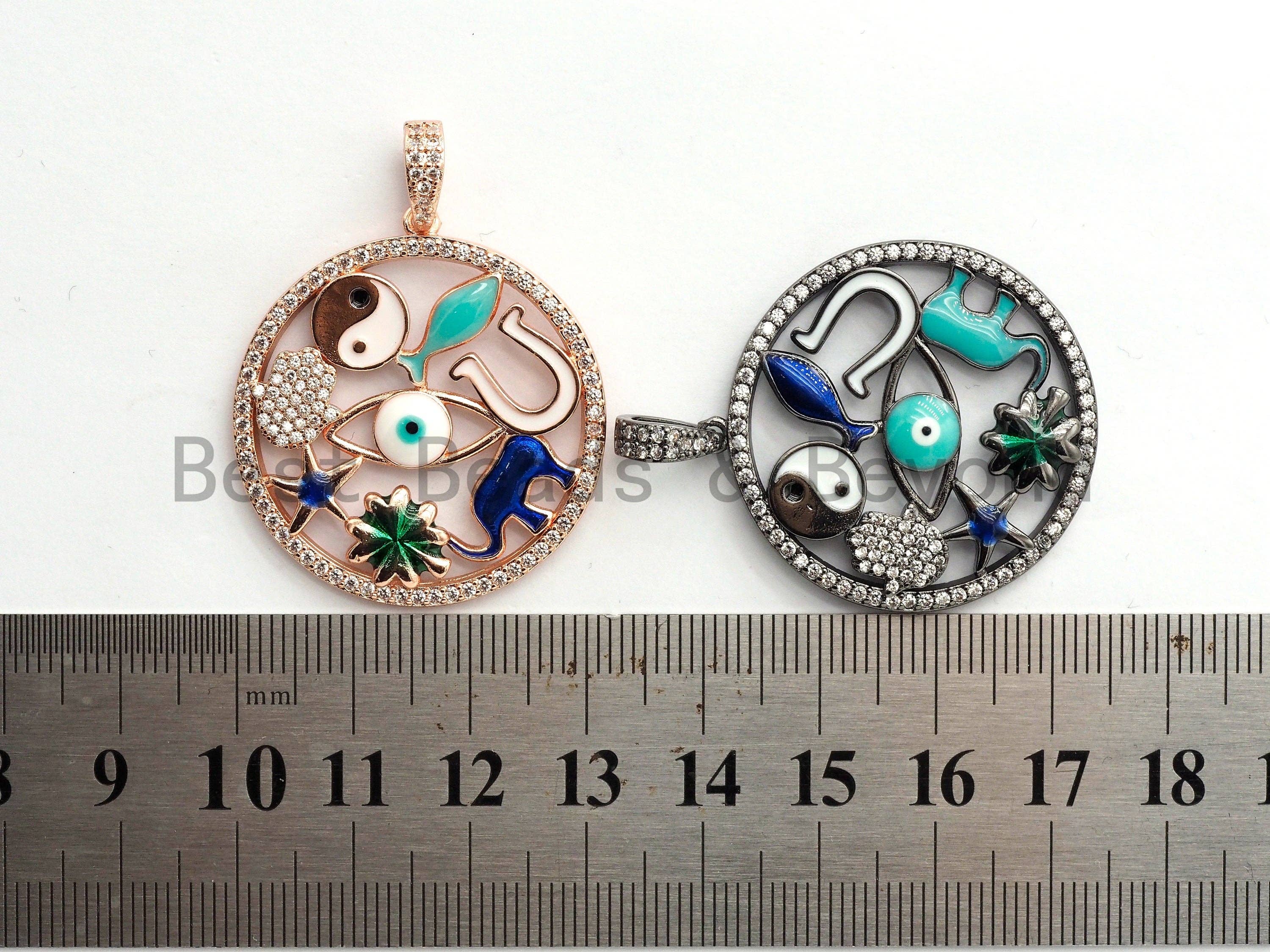 LARGE Enamel Round Artisan Pendant,Clear CZ Micro Pave Oil Drop Round Protection pendant,Enamel pendant,Enamel Jewelry,32x34mm,sku#F594