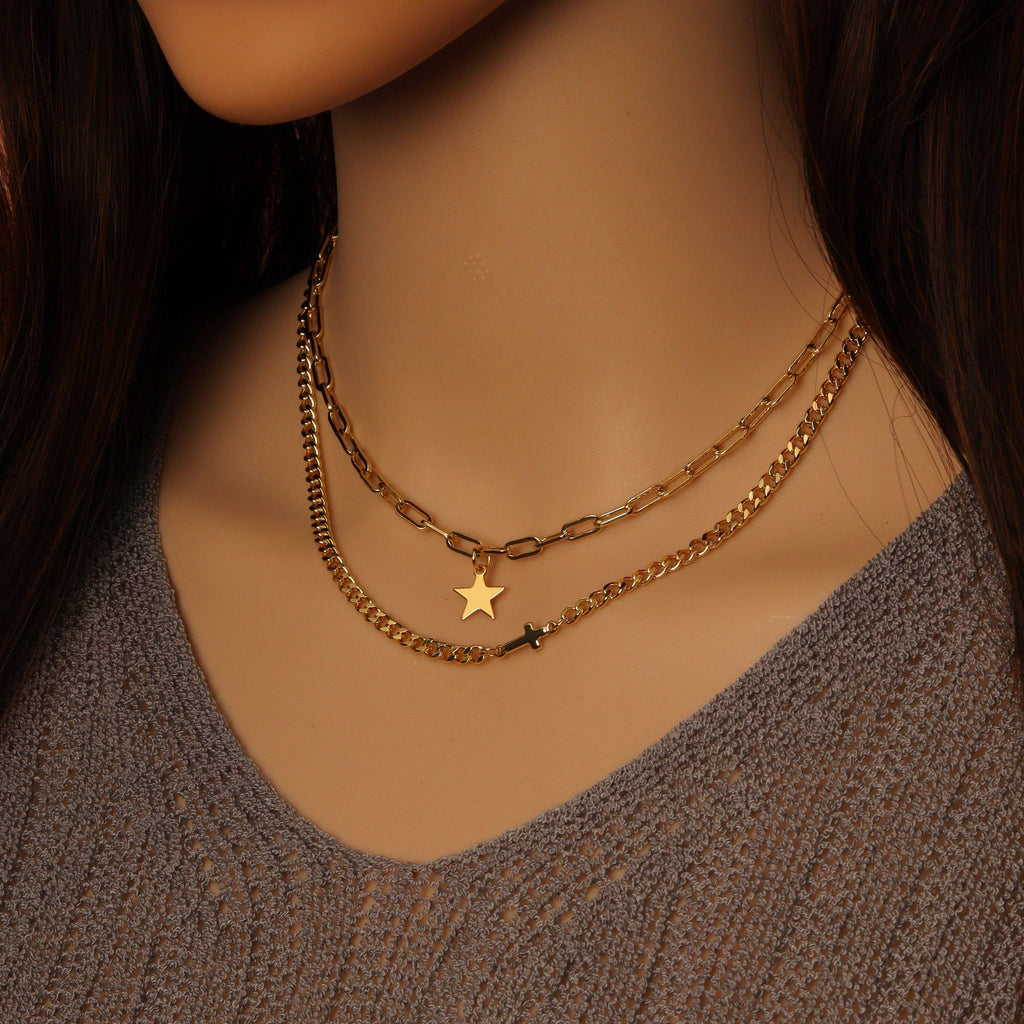 Dainty Gold Five Star Pendant Layering chain set Necklace, Sku#EF488