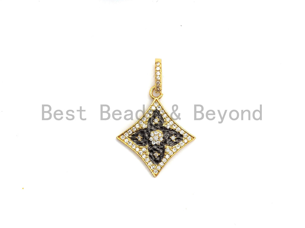 20mm/40mm CZ Micro Pave Dual Color Quatrefoil Flower Diamond Shape Pendant,Cubic Zirconia Gold/Rose Gold/Silver/Black Focal Pendant,sku#F624
