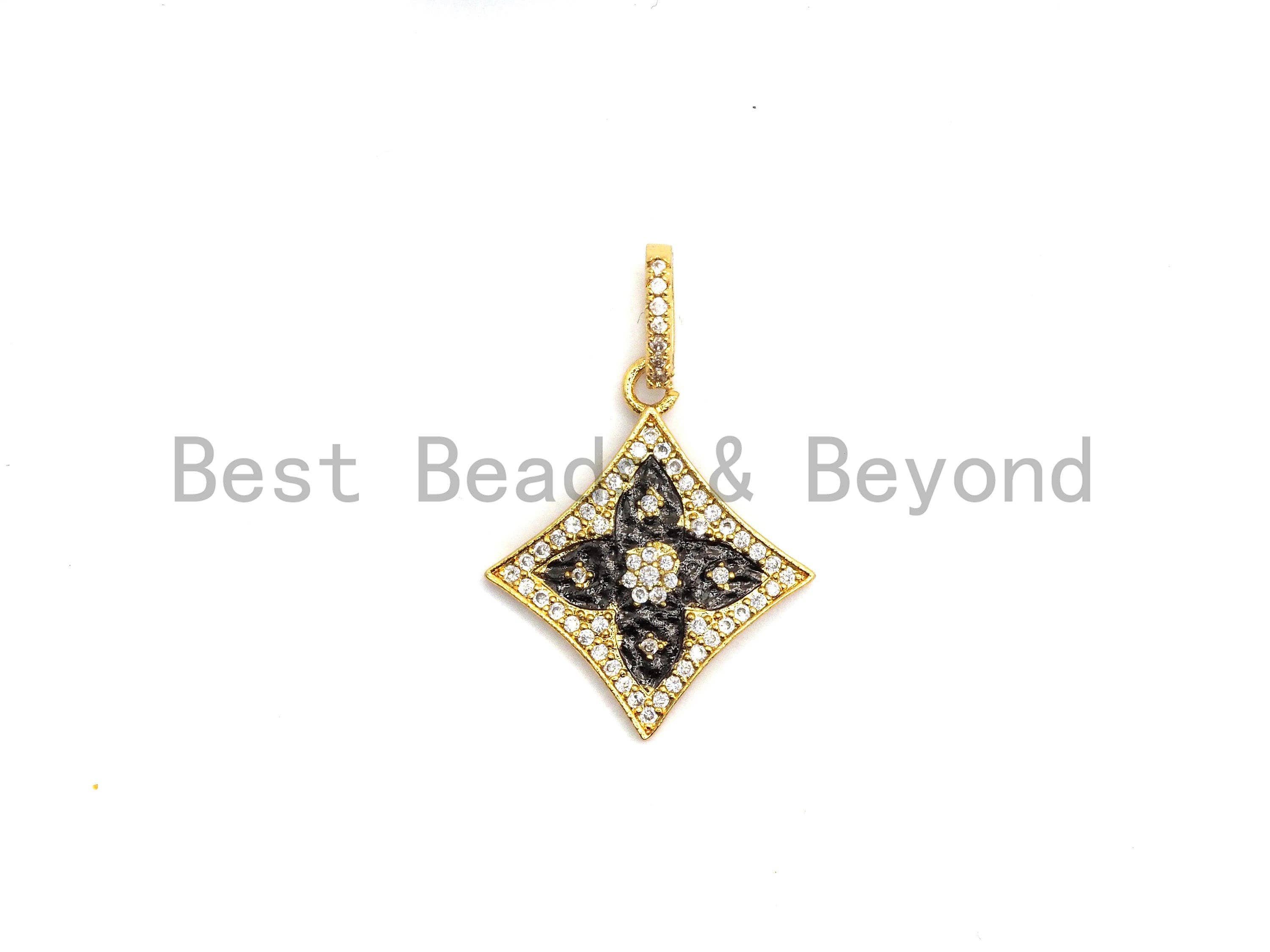 20mm/40mm CZ Micro Pave Dual Color Quatrefoil Flower Diamond Shape Pendant,Cubic Zirconia Gold/Rose Gold/Silver/Black Focal Pendant,sku#F624