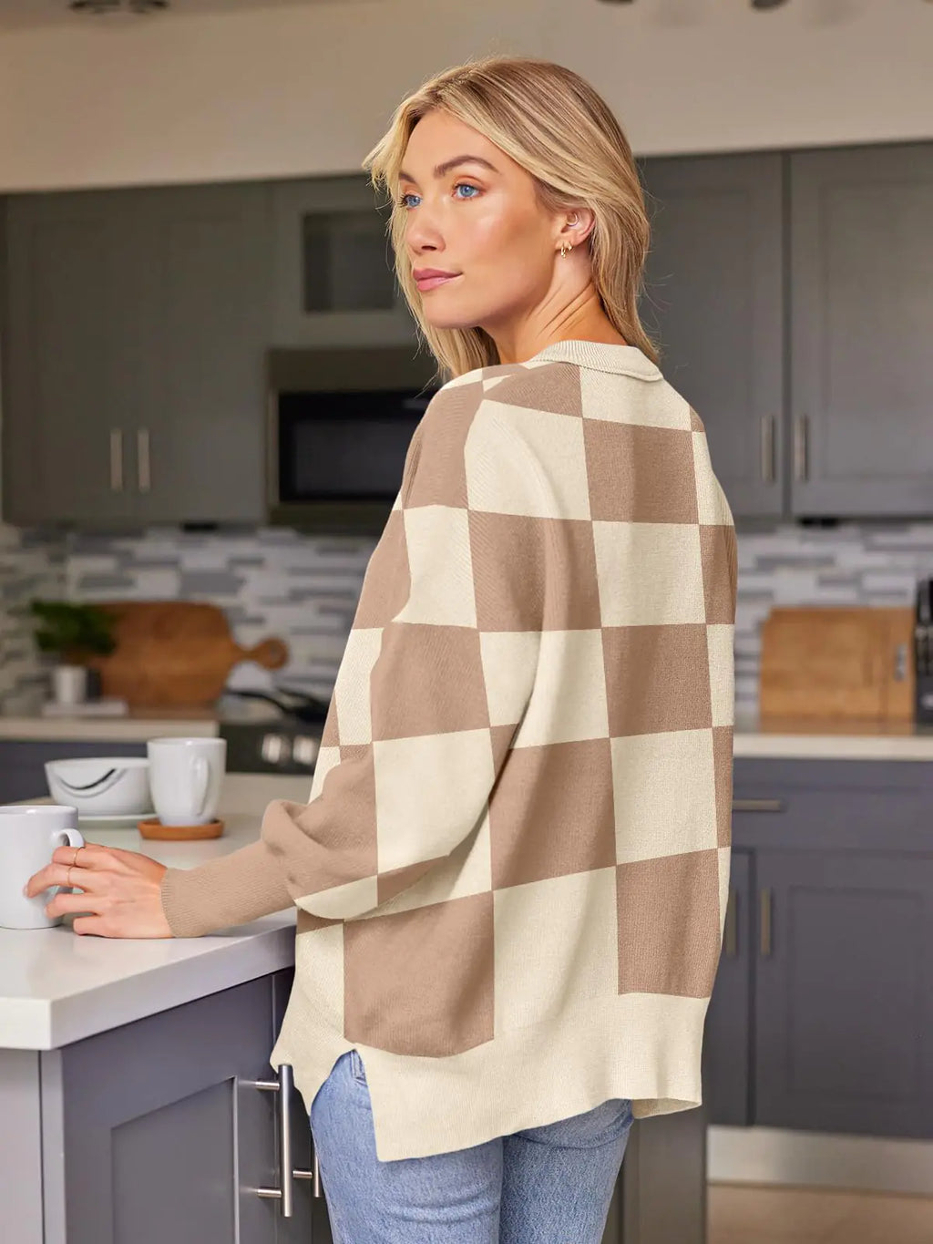 EFAN Women's Oversized Sweaters Fall Crewneck Batwing Sleeve Pullover Sweaters Small Khaki Plaid - # WOAA21510006-PRG
