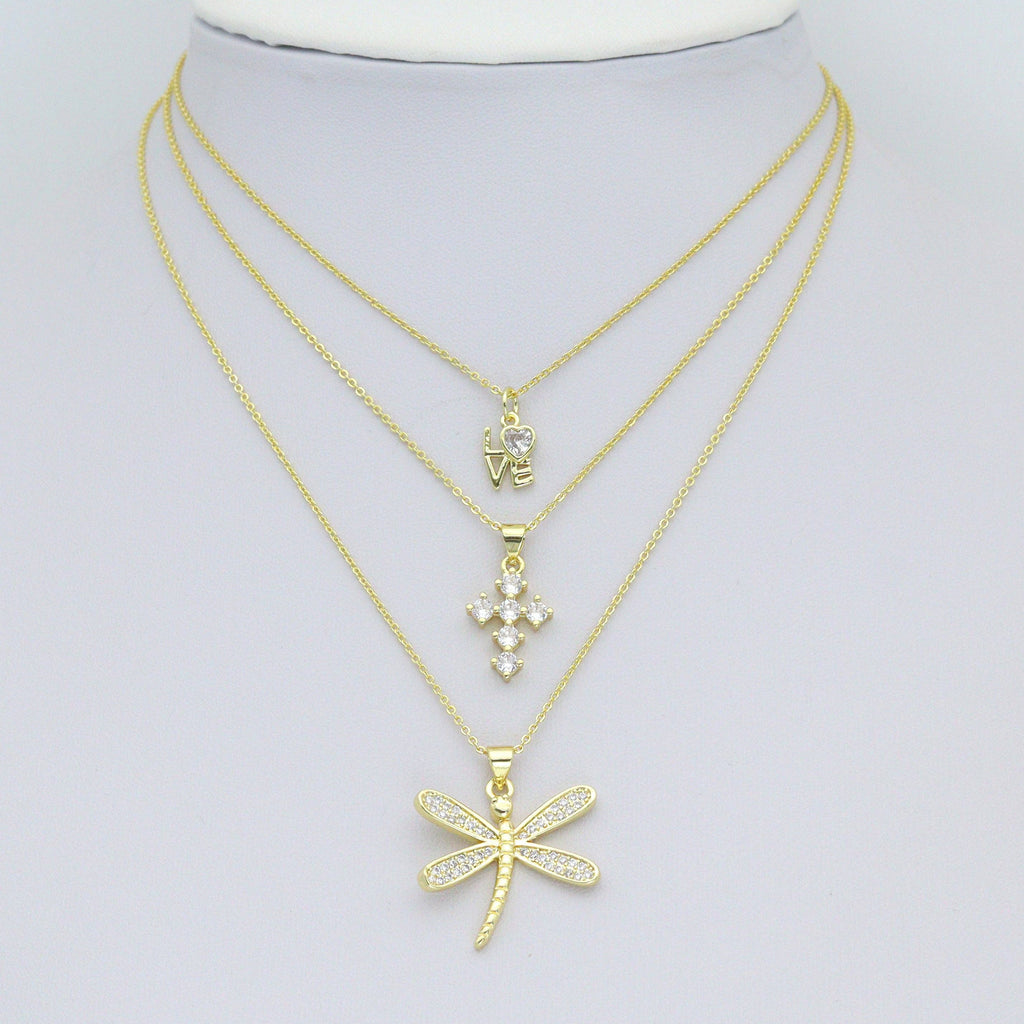CZ Gold Love Cross Mushroom Jellyfish Dragonfly Charm Pendant,Sku#LD748