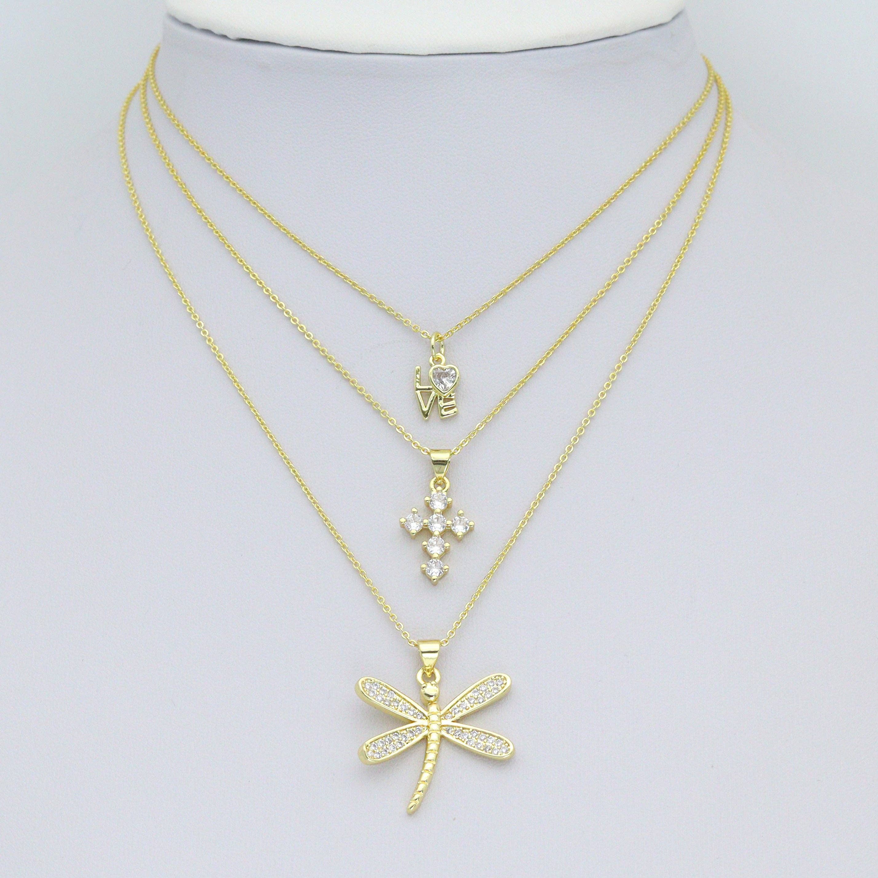 CZ Gold Love Cross Mushroom Jellyfish Dragonfly Charm Pendant,Sku#LD748