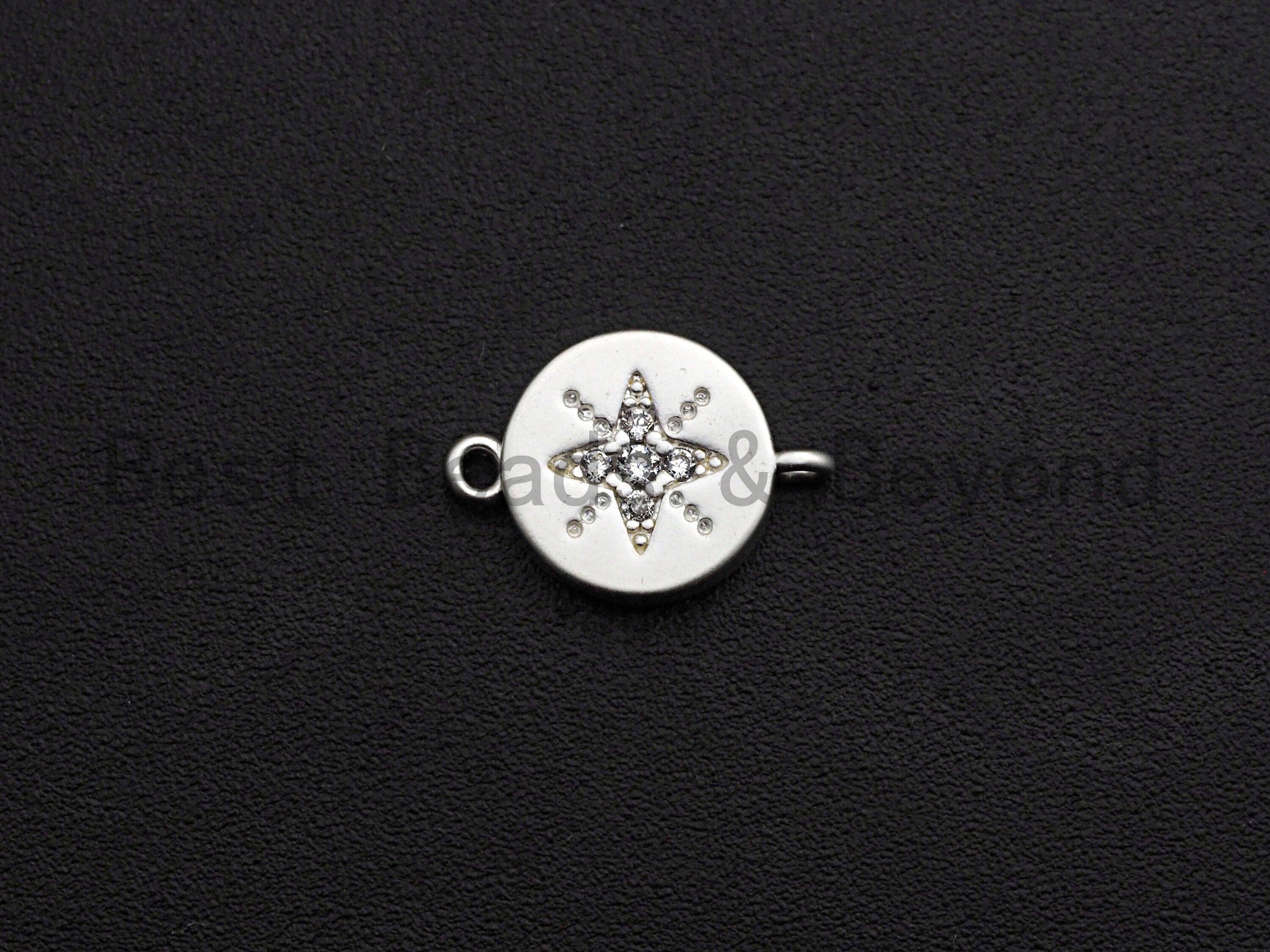 CZ Micro Pave Round Coin With Star Connector,Cubic Zirconia Connector, Silver Tone,9x13mm,sku#Y223