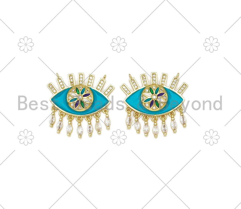 CZ Micro Pave Enamel Turquoise Flower On Evil Eye Shape Pendant, Necklace Pendant, Enamel Charm,Enamel Jewelry Findings,25x24mm,Sku#L613
