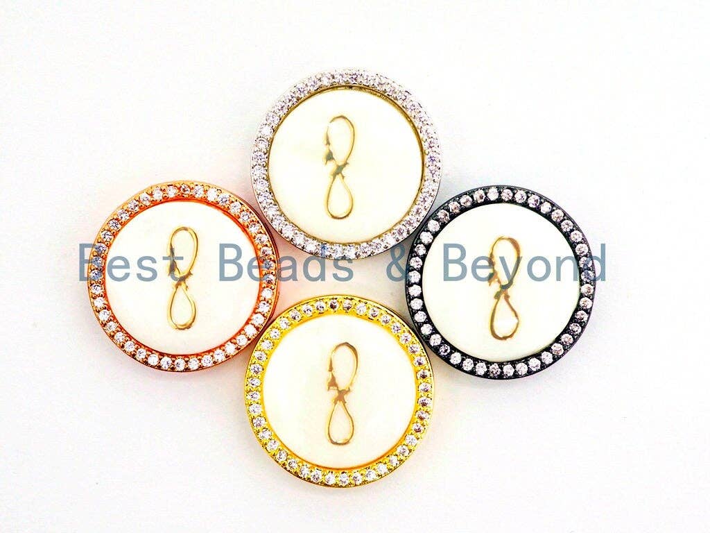 CZ Micro Pave Gilding Infinity Symbol on Mother of Pearl Round Beads, Pave Pendant Connector Beads for Bracelet/Necklace, 19mm,sku#Z246