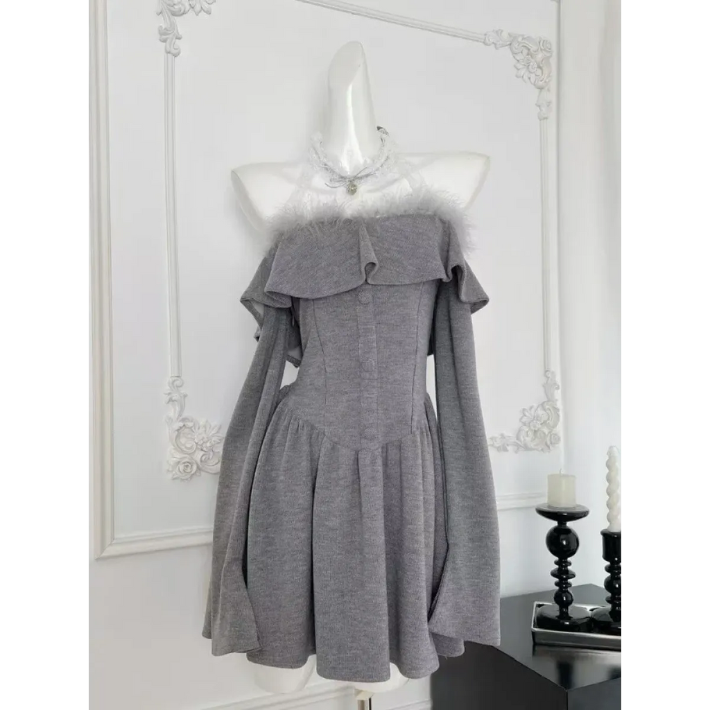 Off-Shoulder Lace Neckline Dress – Elegant Y2K Style