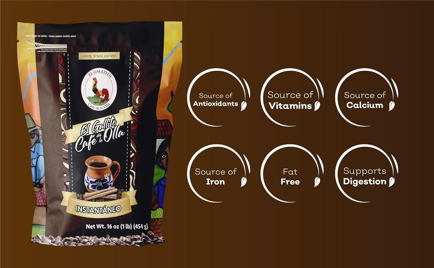 EL GALLITO Café de la Olla | 100% Mexican Instant Coffee 1 LB Bag