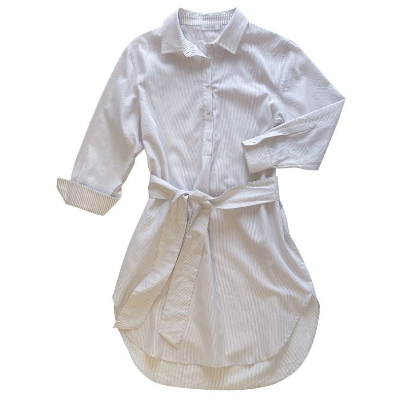 Essential Collar Shirt Dress - Beige and White Striped